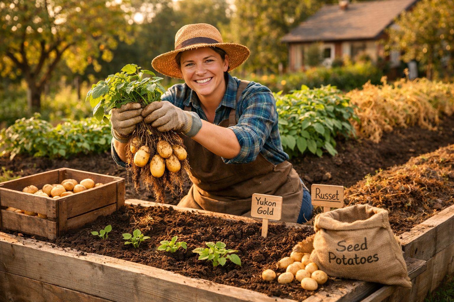 Mulher sorridente a colher batatas frescas numa horta, com chapéu de palha e luvas de jardinagem.