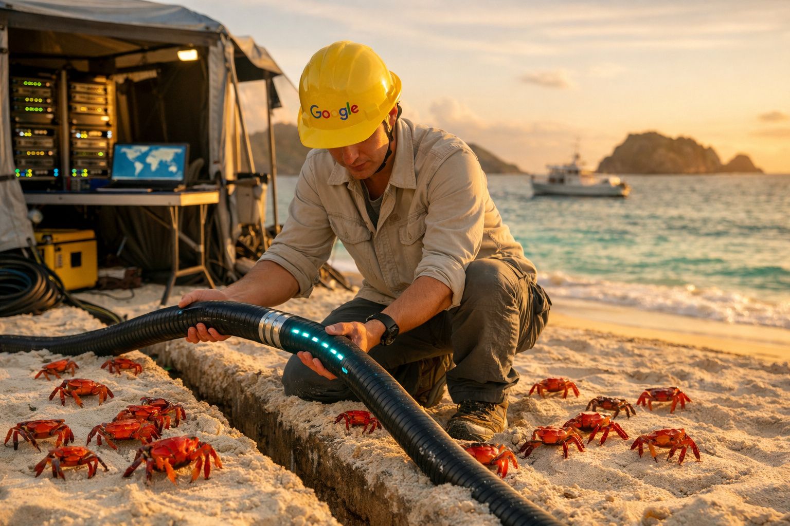 Homem com capacete Google manipula tubo luminescente na praia rodeado por caranguejos vermelhos ao pôr do sol.