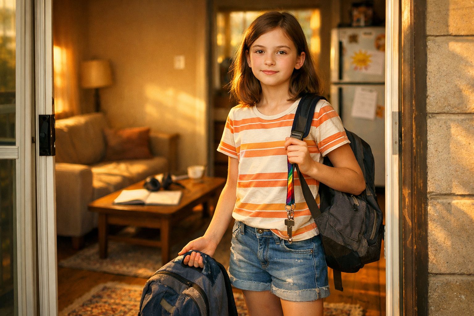 Criança com mochila nas costas e outra na mão, pronta para sair, numa sala iluminada a dourado.