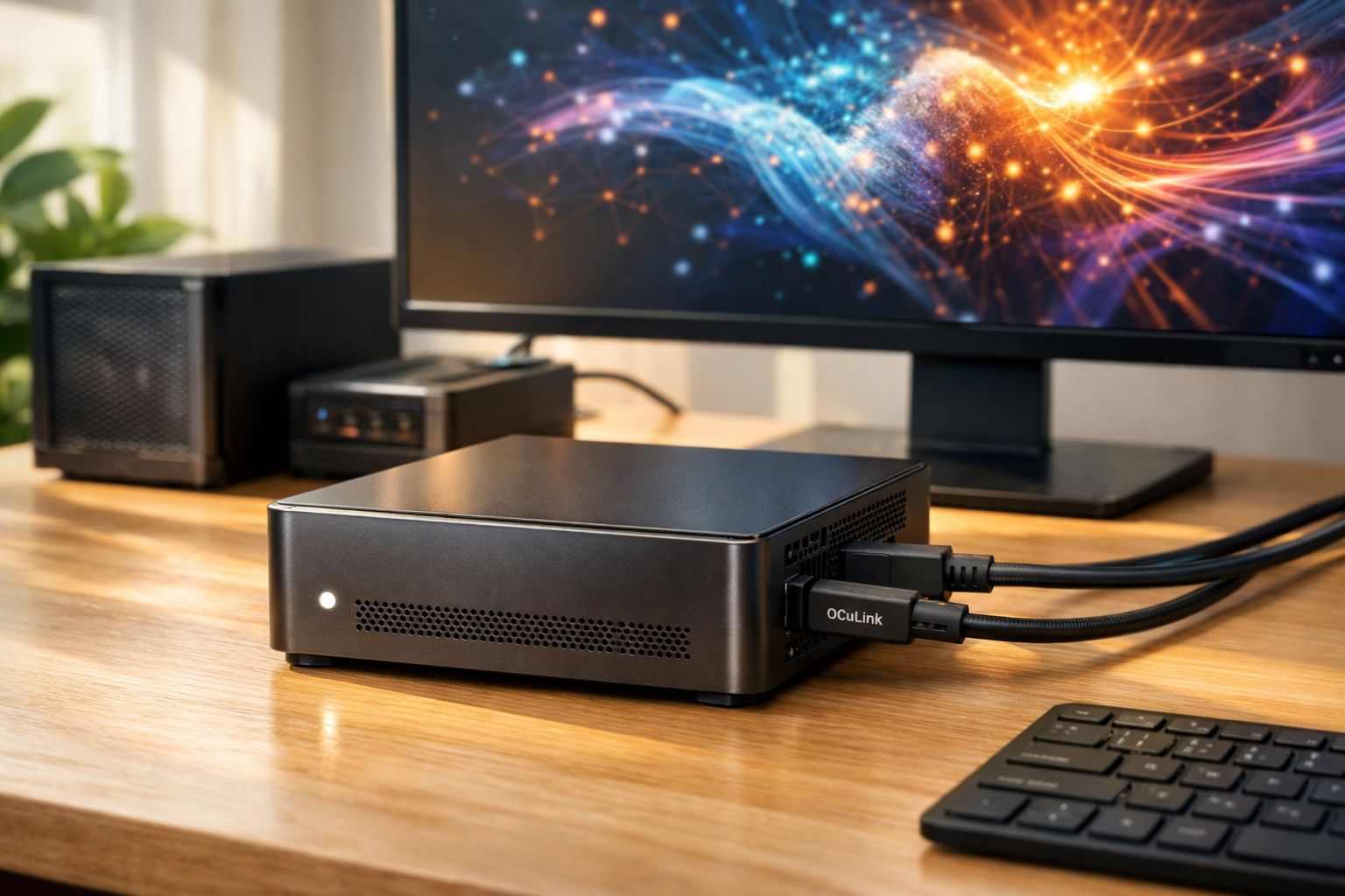 Mini PC preto compacto ligado a dois cabos, com ecrã e teclado num ambiente de trabalho moderno