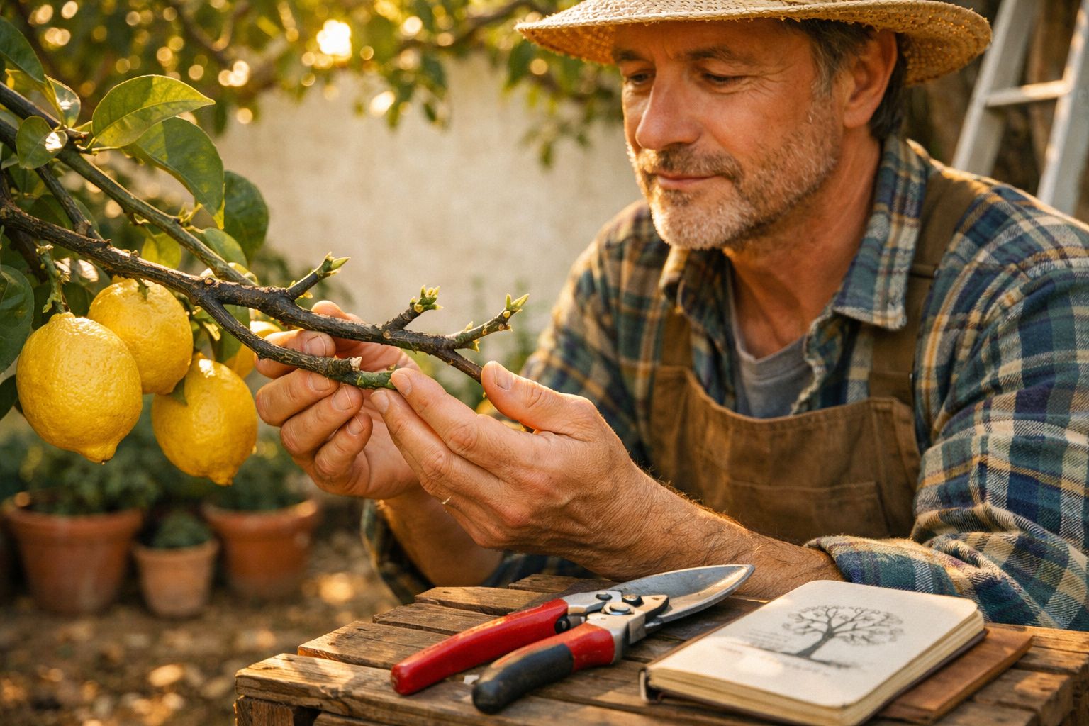 Homem a inspecionar um ramo de limão num jardim, com tesoura de poda e caderno numa mesa de madeira.