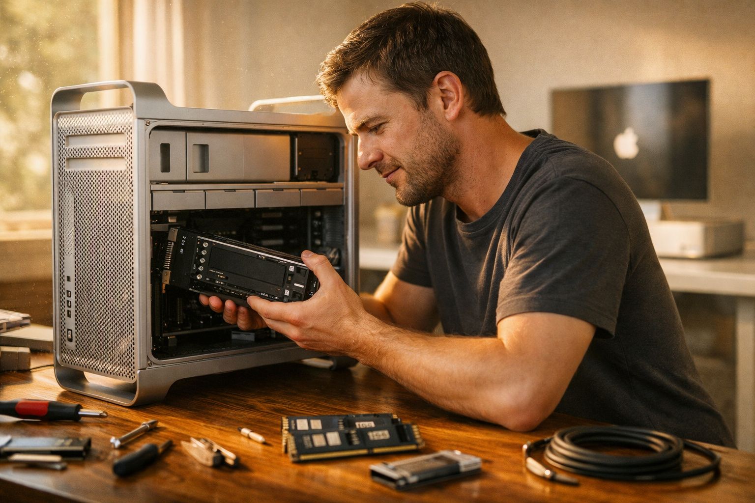 Homem a instalar ou remover componente num computador de secretária num ambiente de escritório.