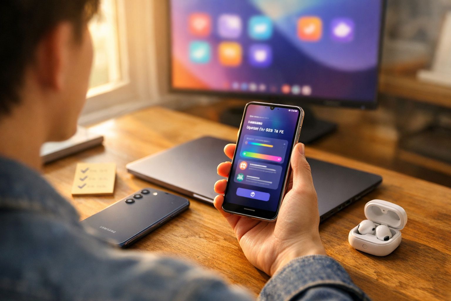 Pessoa a segurar smartphone com ecrã de atualização de software, com laptop, auriculares e outro telemóvel na mesa.