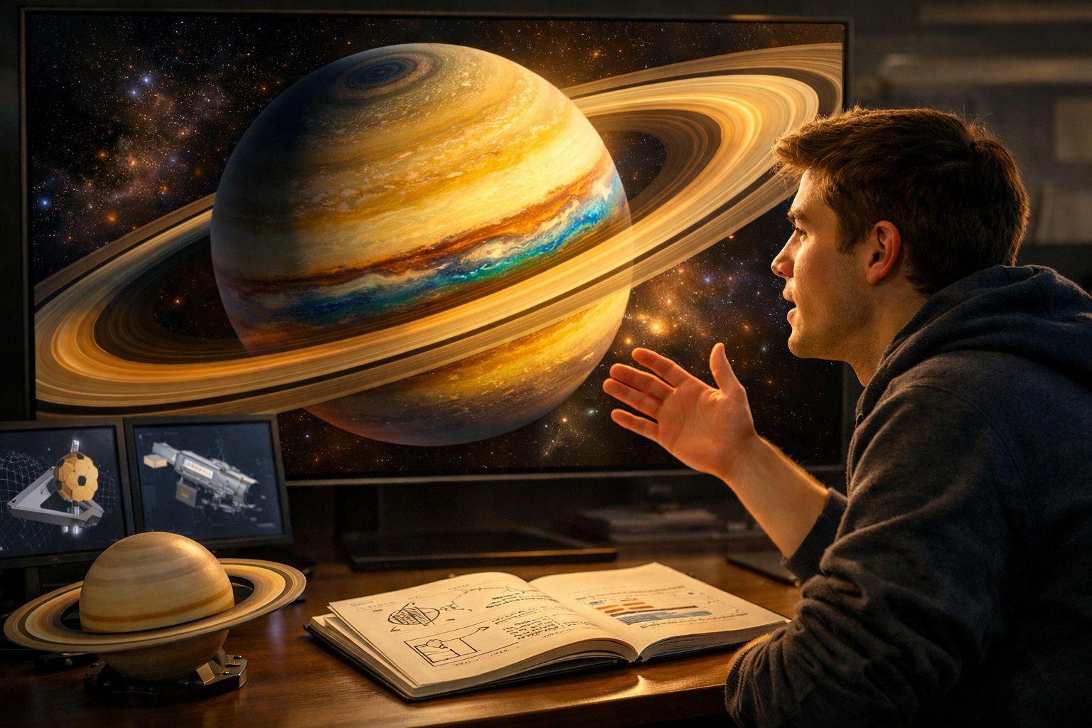 Jovem estuda sistema solar com modelos de Saturno e imagens de sondas espaciais numa mesa de trabalho.