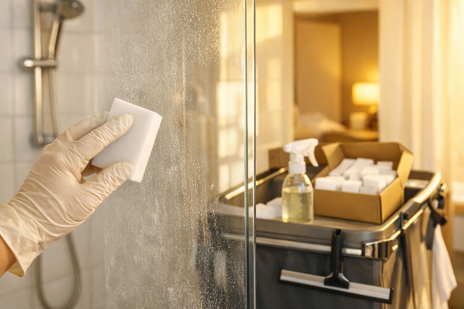 Mão com luva a limpar vidro de casa de banho com esponja branca e carrinho de limpeza ao fundo.