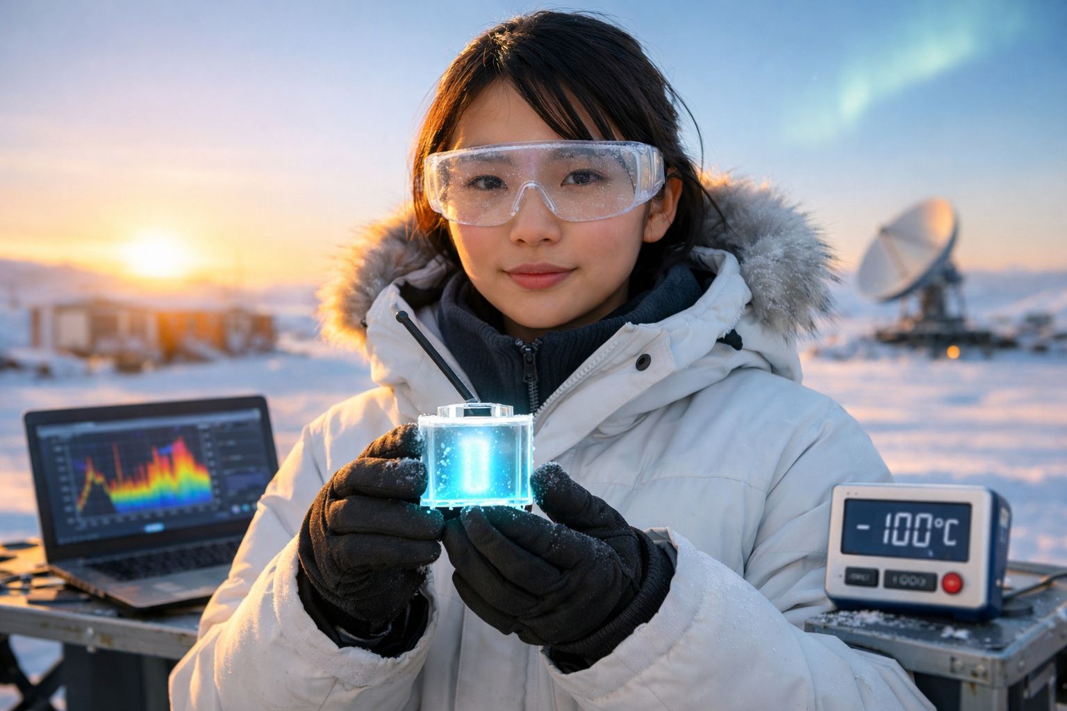 Mulher com roupa de frio segura cubo luminoso num laboratório ao ar livre coberto de neve com laptop e termómetro a -100°C.