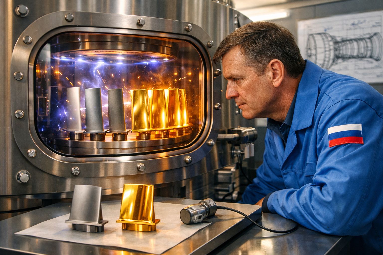 Homem com fato azul observa máquina industrial com luzes e peças metálicas brilhantes dentro.