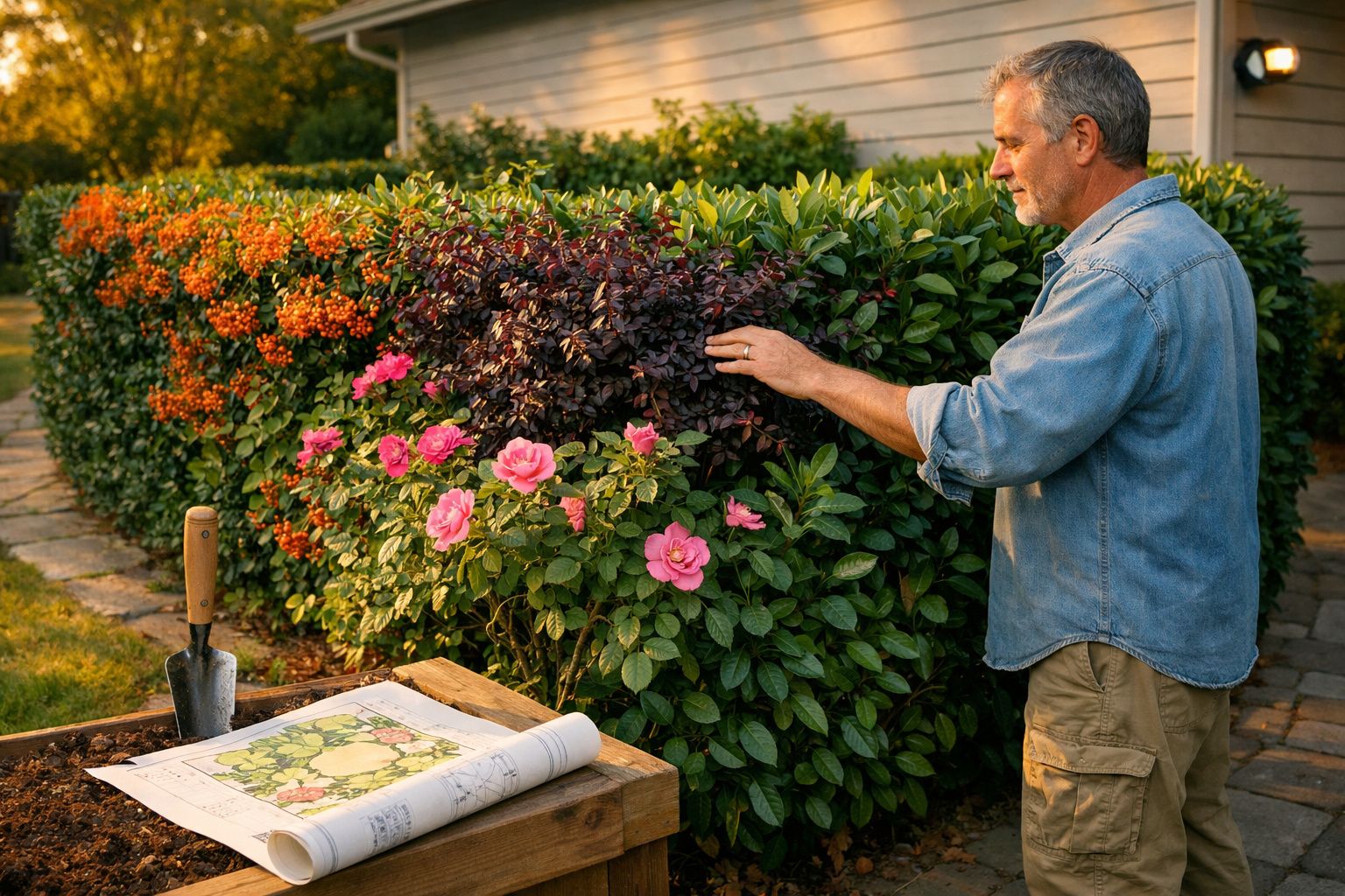 Homem a cuidar de arbustos com flores e frutos num jardim ao entardecer, ao lado de mesa com plantações.