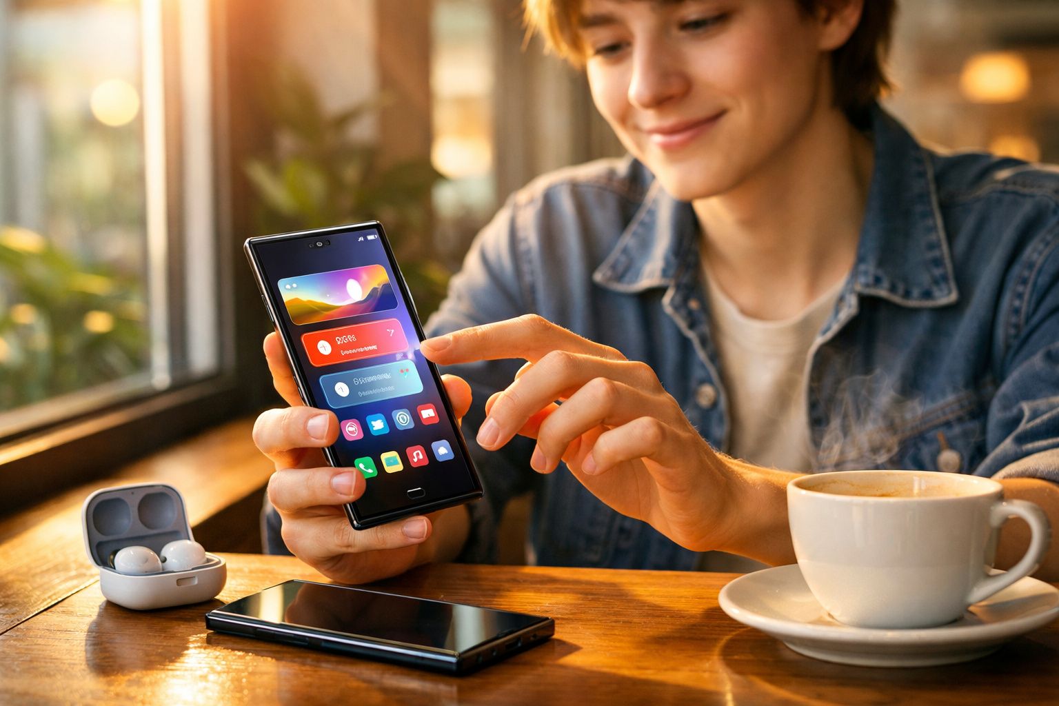 Pessoa a usar telemóvel dobrável com ecrã tátil, ao lado de uma chávena de café e auriculares sem fios numa mesa de madeira.