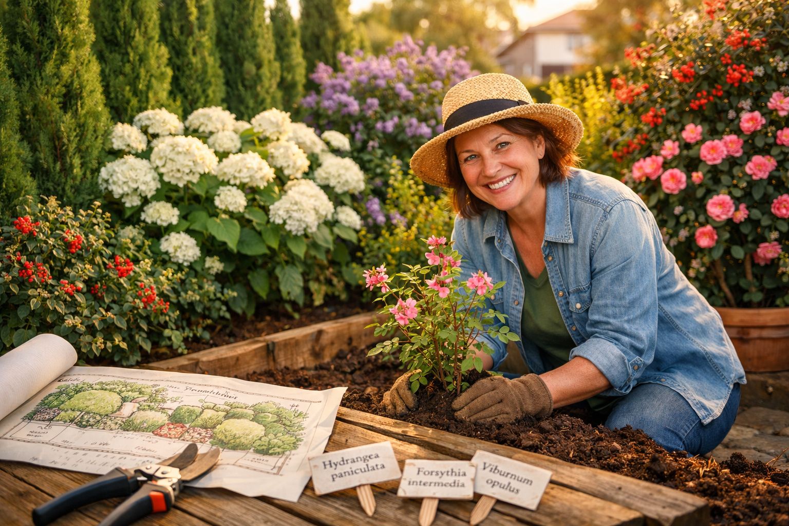 Mulher sorridente a plantar uma flor rosa num canteiro com flores coloridas e plantas ao redor.
