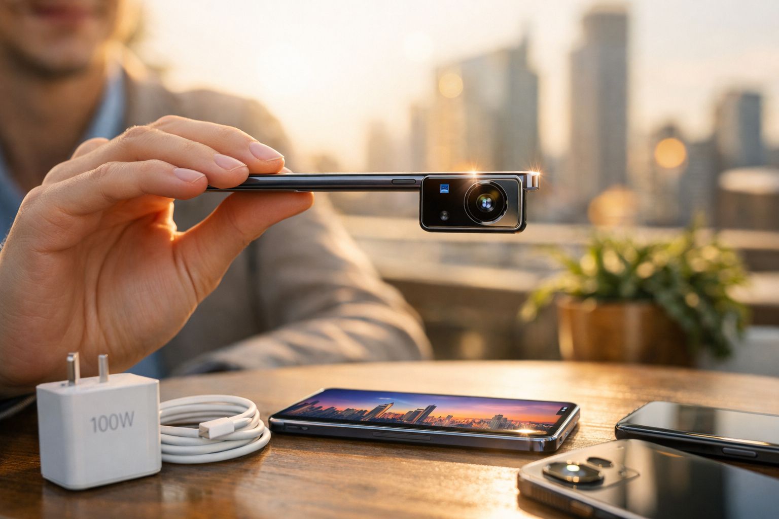Pessoa a segurar smartphone fino com câmara destacável, carregador e outro telemóvel sobre mesa com vista urbana desfocada.