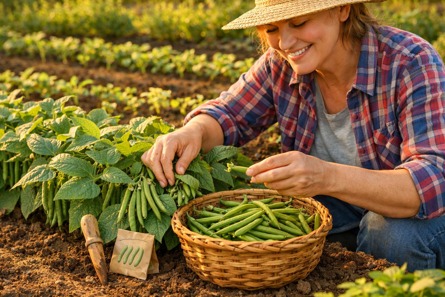 Mulher a colher feijão verde num campo, com cesta cheia de feijão ao lado.