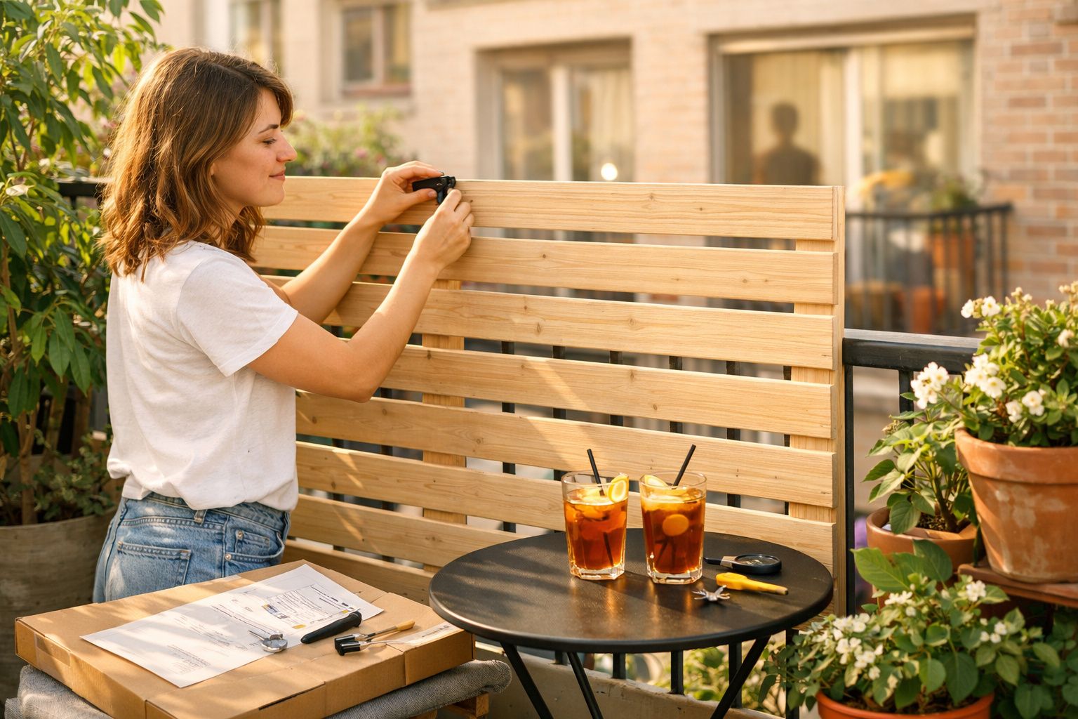 Mulher a montar rede de madeira na varanda, com duas bebidas e plantas ao redor.