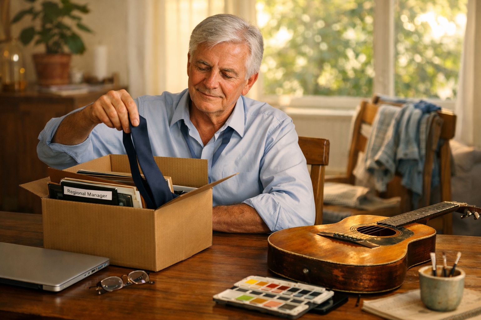 Homem sénior a guardar gravata numa caixa com objetos pessoais numa mesa com violão e material artístico.