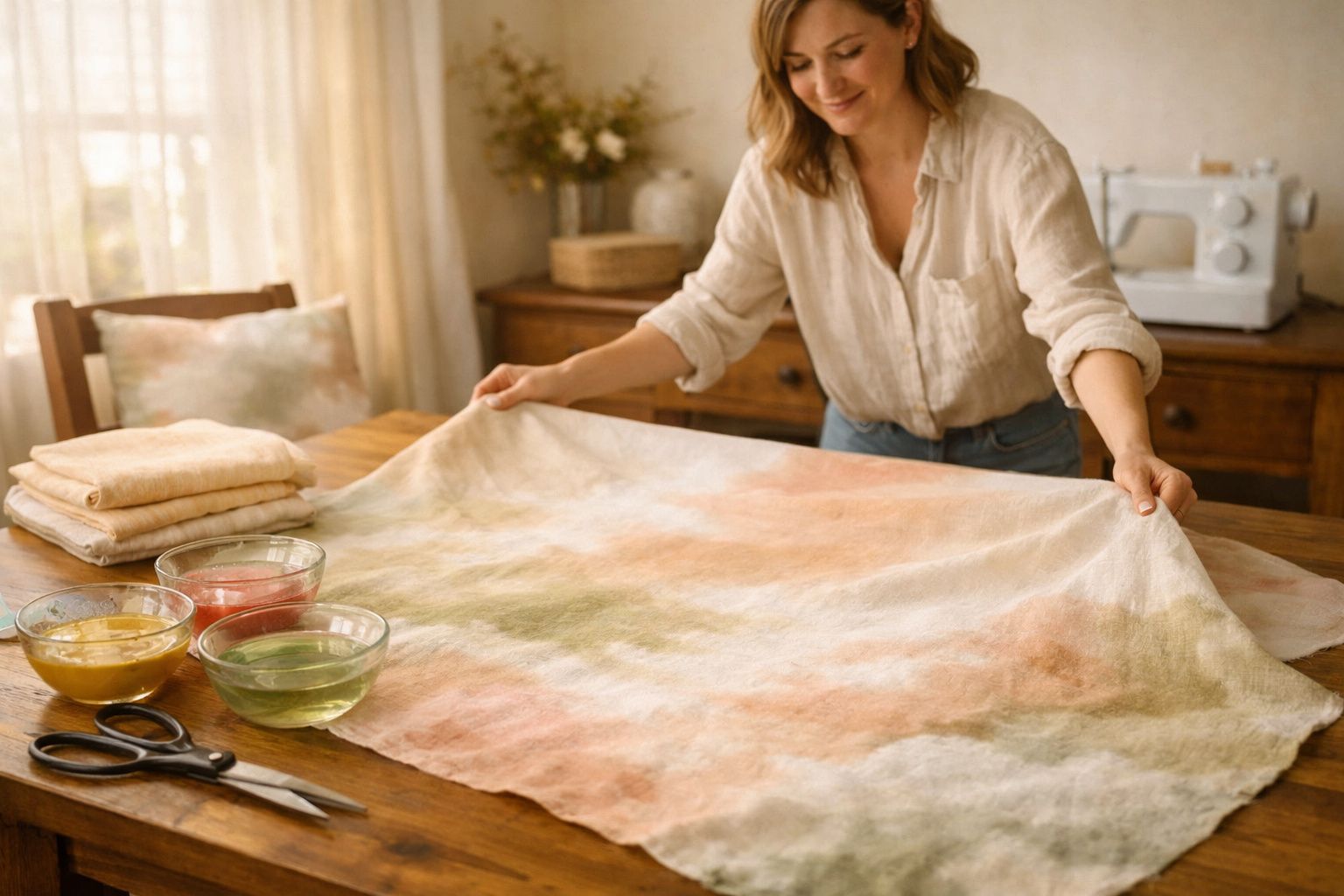 Mulher a estender tecido tingido em tons pastel sobre mesa com tintas, tesoura e roupa dobrada.