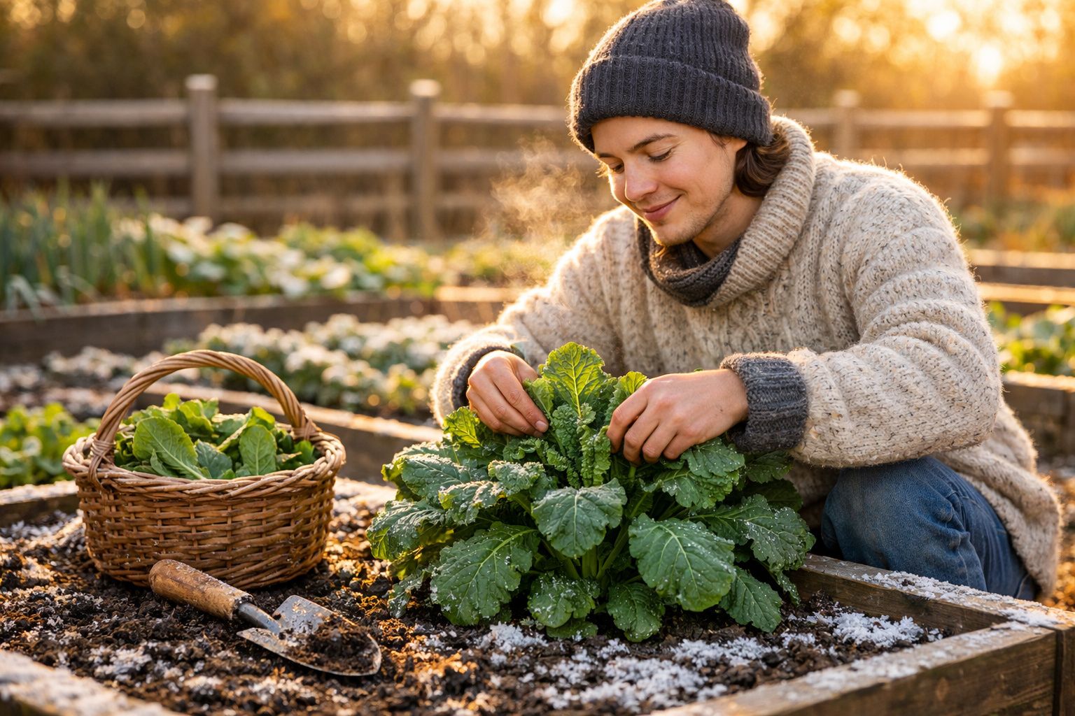 Jovem a colher verduras numa horta com roupa quente, manhã fria e cesta cheia de folhas verdes.