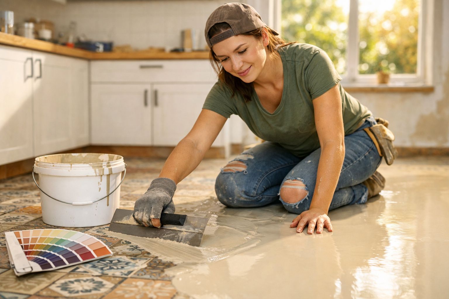 Mulher a aplicar cimentilha no chão, sentada, com balde e paleta de cores ao lado, num interior iluminado.