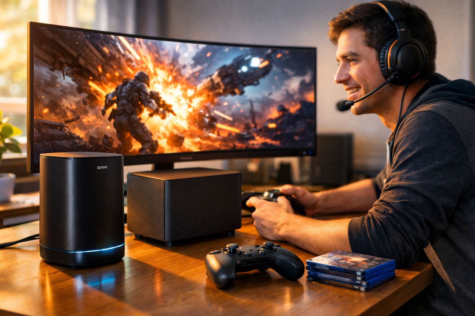 Homem feliz a jogar videojogos numa consola com auscultadores e comando numa secretária.