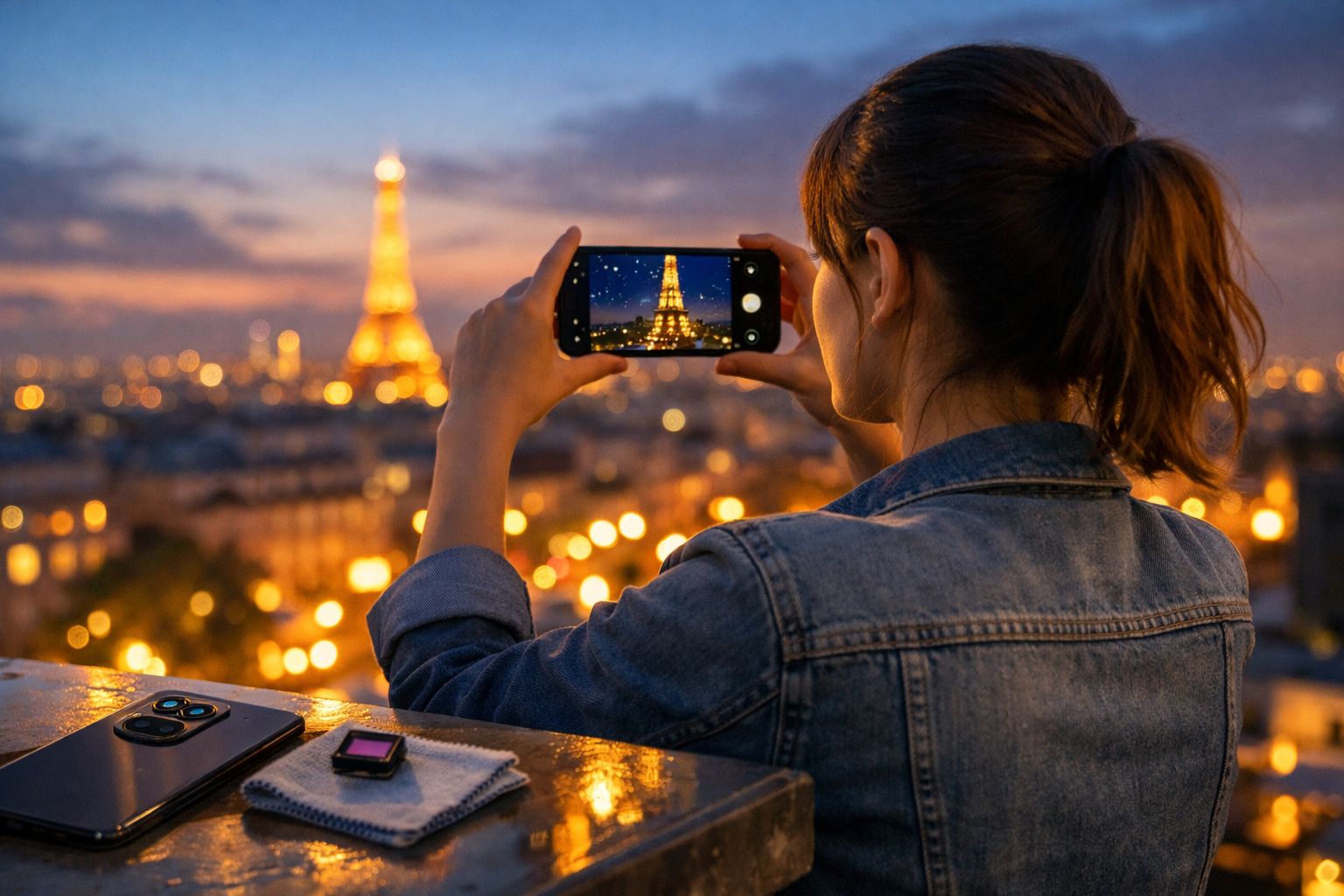 Mulher a tirar foto da Torre Eiffel iluminada ao entardecer em Paris com telemóvel.