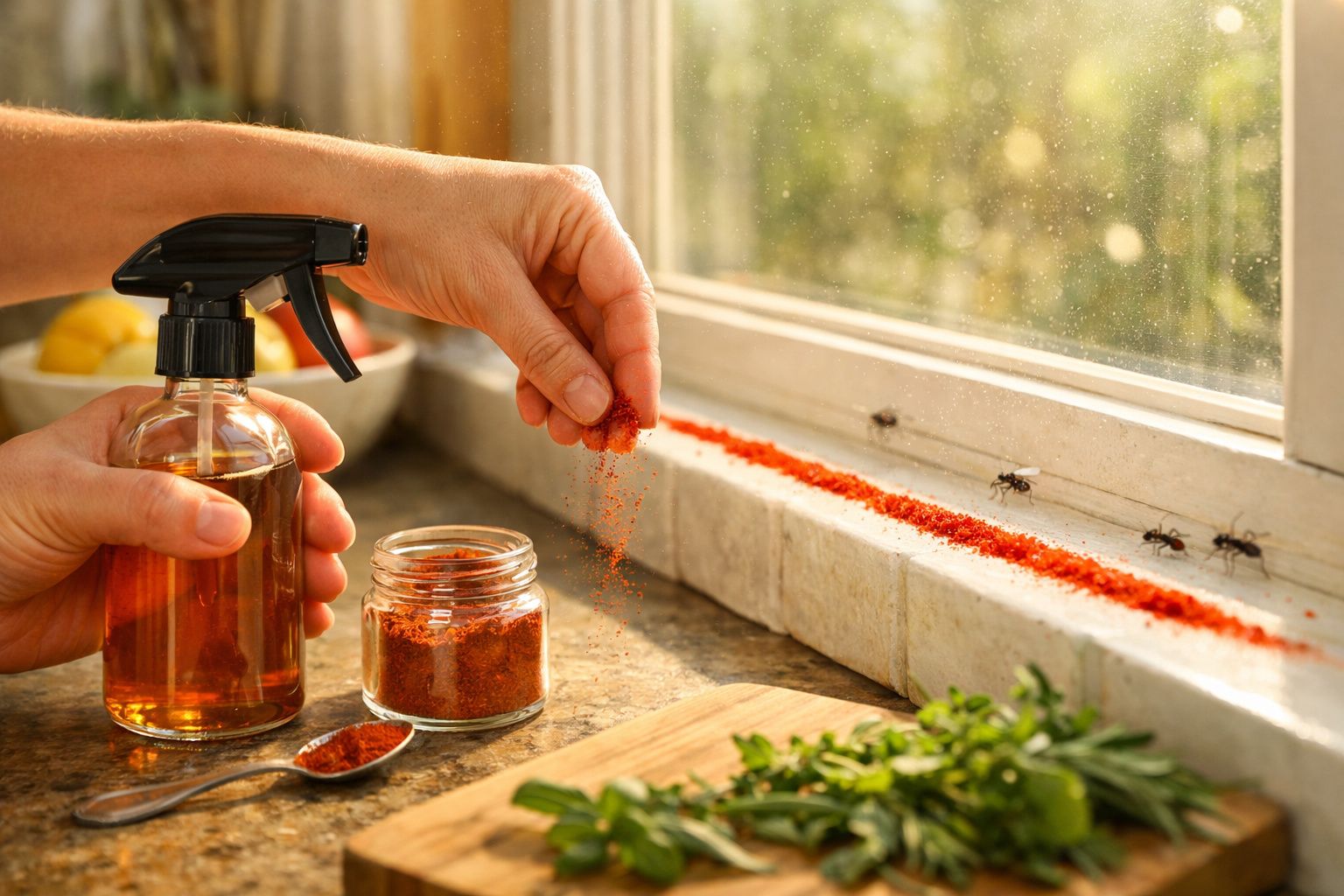 Pessoa aplicando pó vermelho numa janela para afastar formigas, com frasco de spray e ervas na bancada.