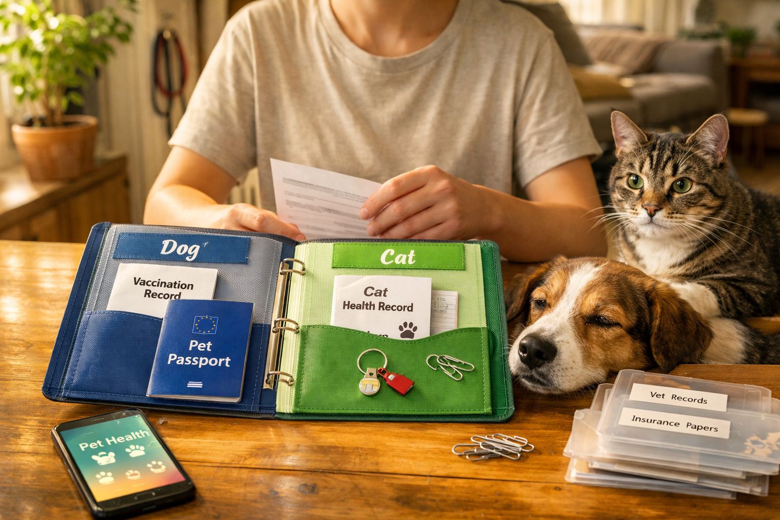 Pessoa a organizar documentos de saúde de cão e gato, com os dois animais ao lado sobre uma mesa.