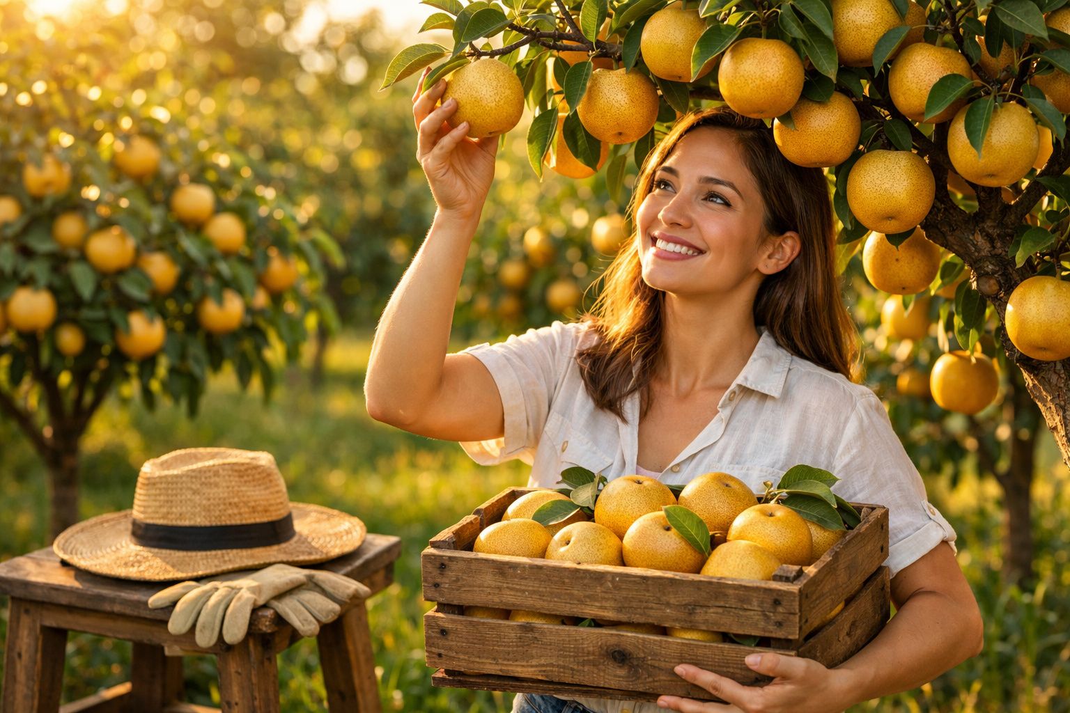 Mulher sorridente colhendo pêras asiáticas maduras numa quinta com caixa de madeira cheia de fruta.