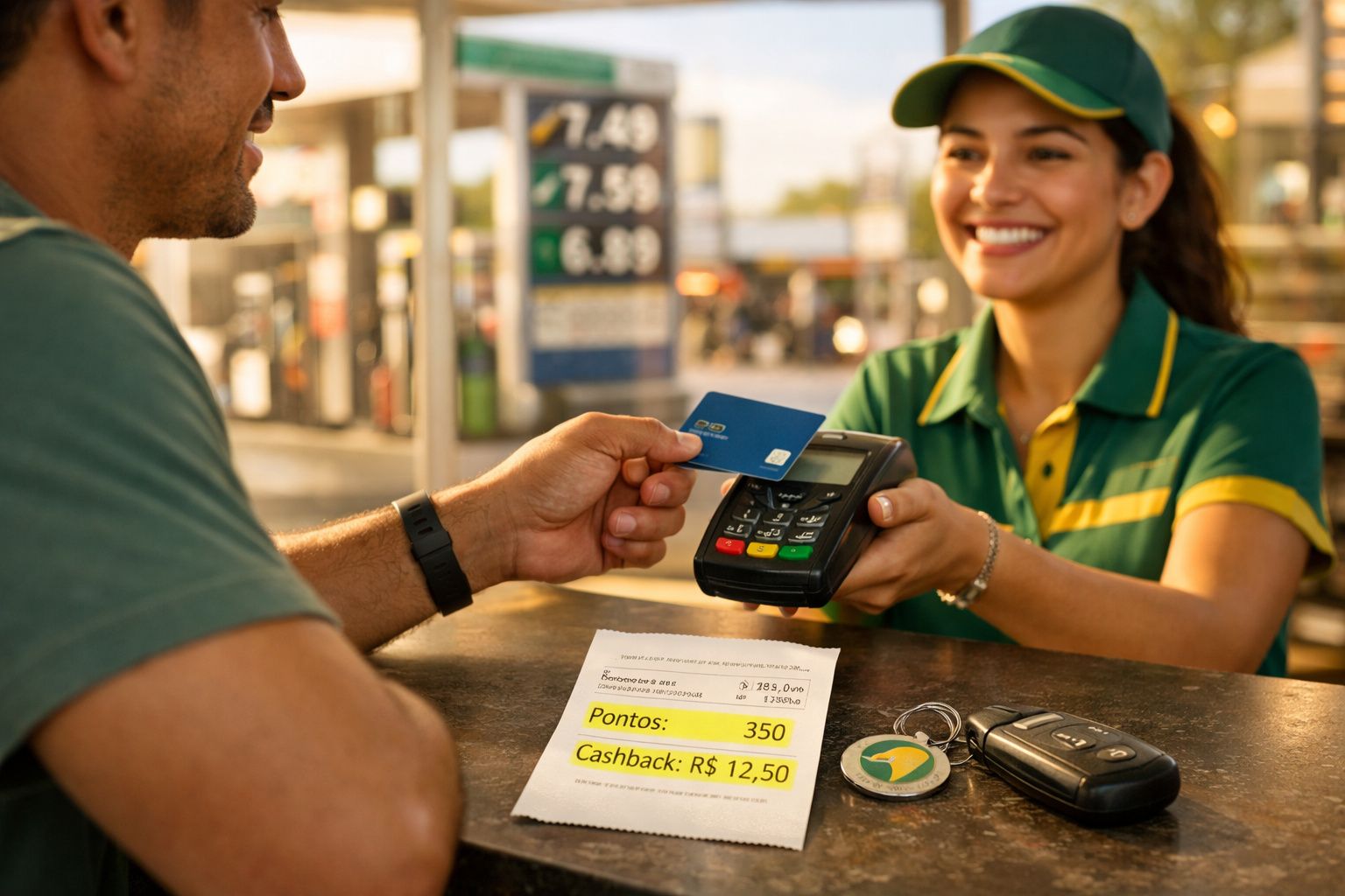Cliente paga com cartão contactless a funcionária sorridente numa estação de serviço com recibo e chave de carro visíveis.