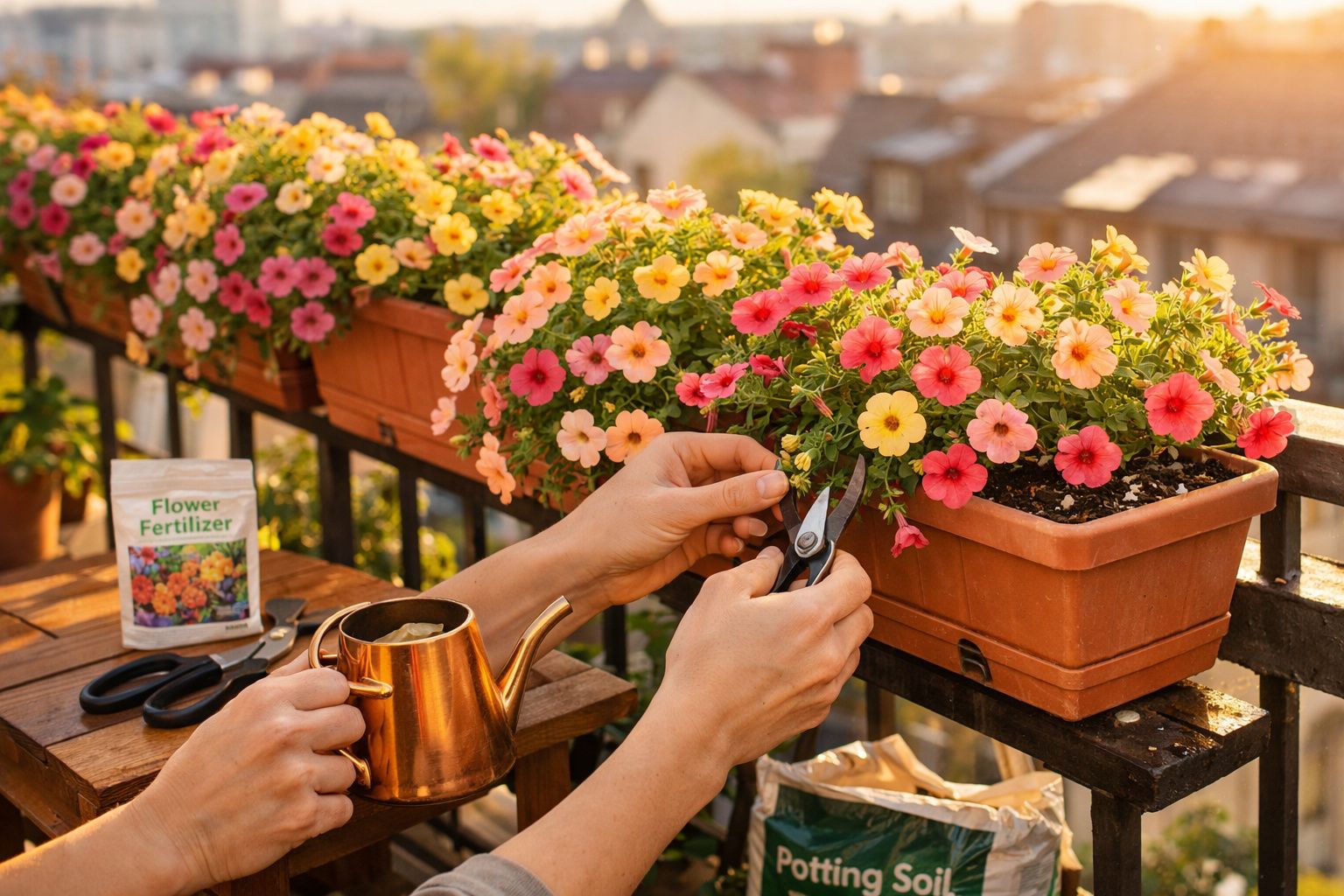 Pessoa a cuidar de flores coloridas num vaso na varanda ao pôr do sol, segurando regador e tesoura de poda.