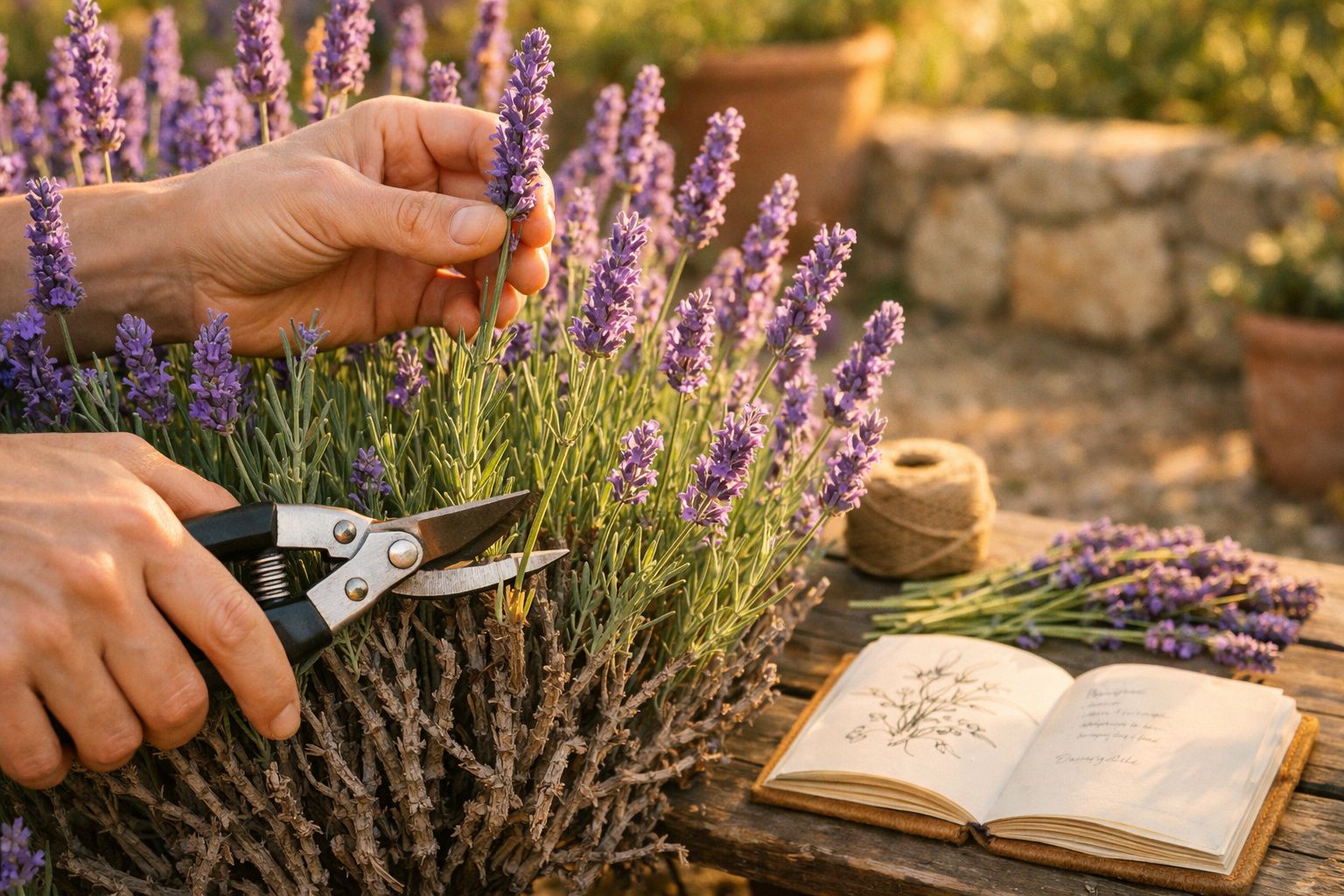 Mãos a cortar flores de lavanda com tesoura de poda, livro aberto e novelo de barbante numa mesa de madeira.