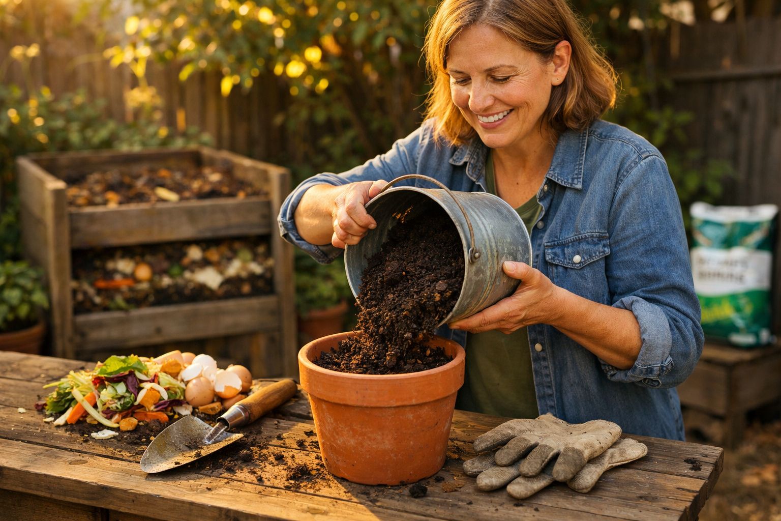 Mulher a colocar terra num vaso de barro para jardinagem num ambiente exterior ensolarado.