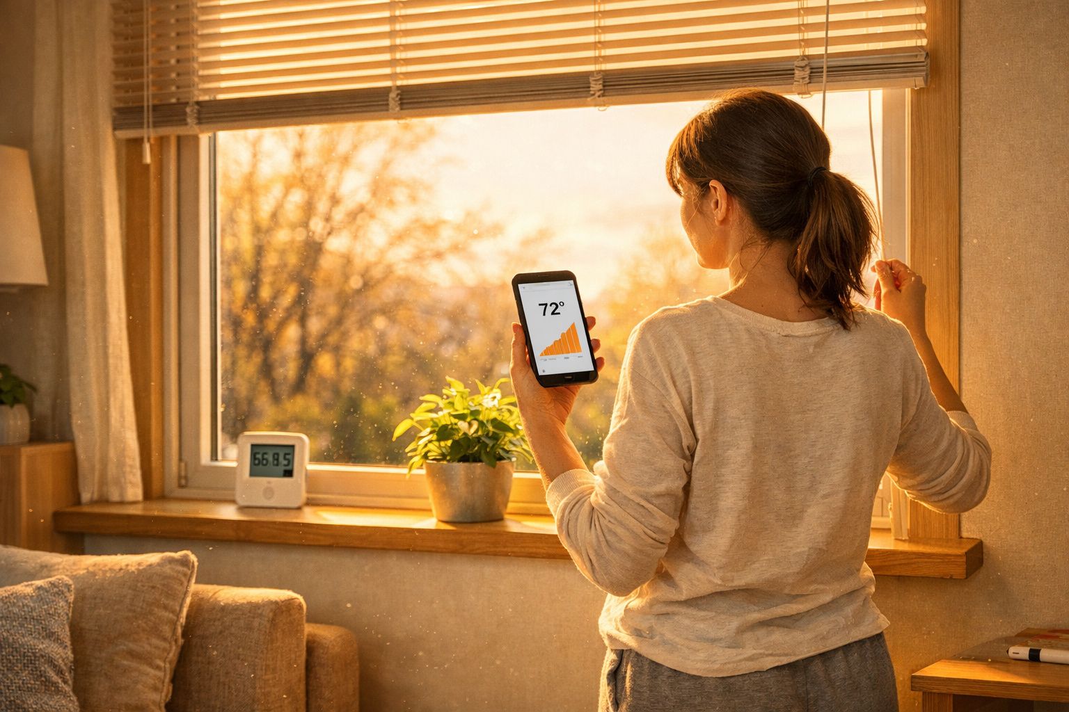 Mulher de costas ajusta persiana junto a janela, segura smartphone com gráfico e termómetro digital à sua frente.