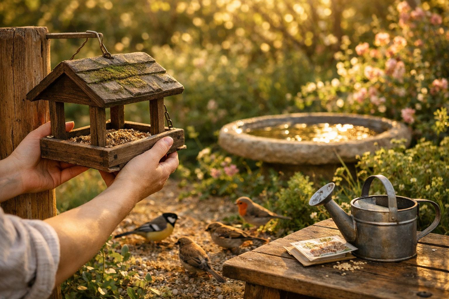 Mãos a segurar comedouro de madeira para pássaros num jardim com regador, pássaros e bebedouro ao fundo.