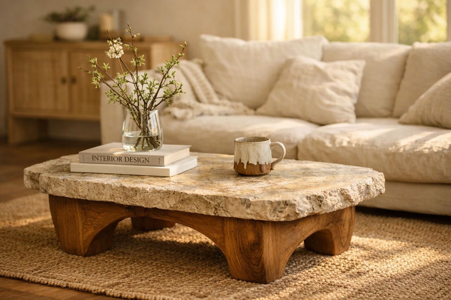 Mesa de centro rústica com tampo de pedra, vaso com flores e chávena, junto a sofá creme num salão iluminado.