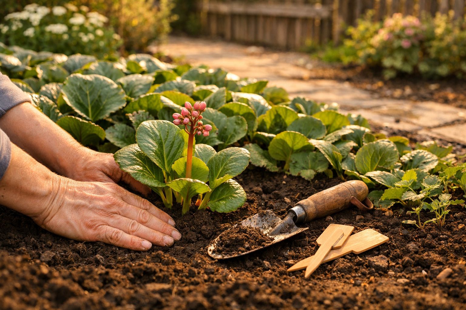 Mãos a plantar flor rosa em jardim, com terra fresca, espátula de jardim e etiquetas de madeira ao lado.
