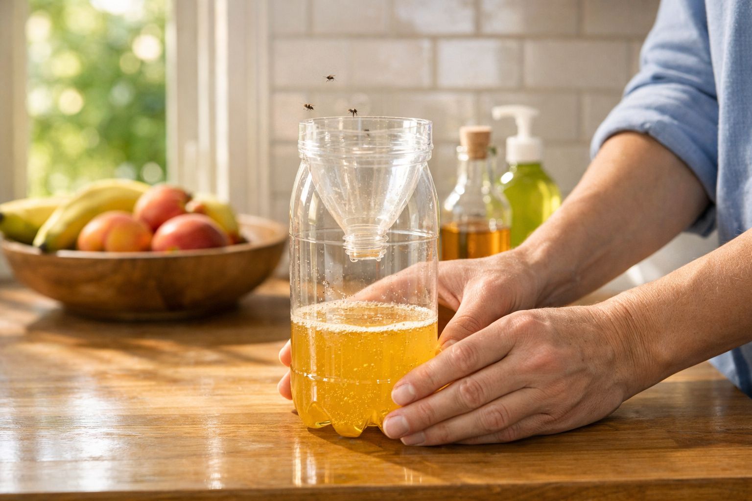 Mãos seguram armadilha caseira para moscas feita com garrafa plástica e líquido amarelo numa cozinha.
