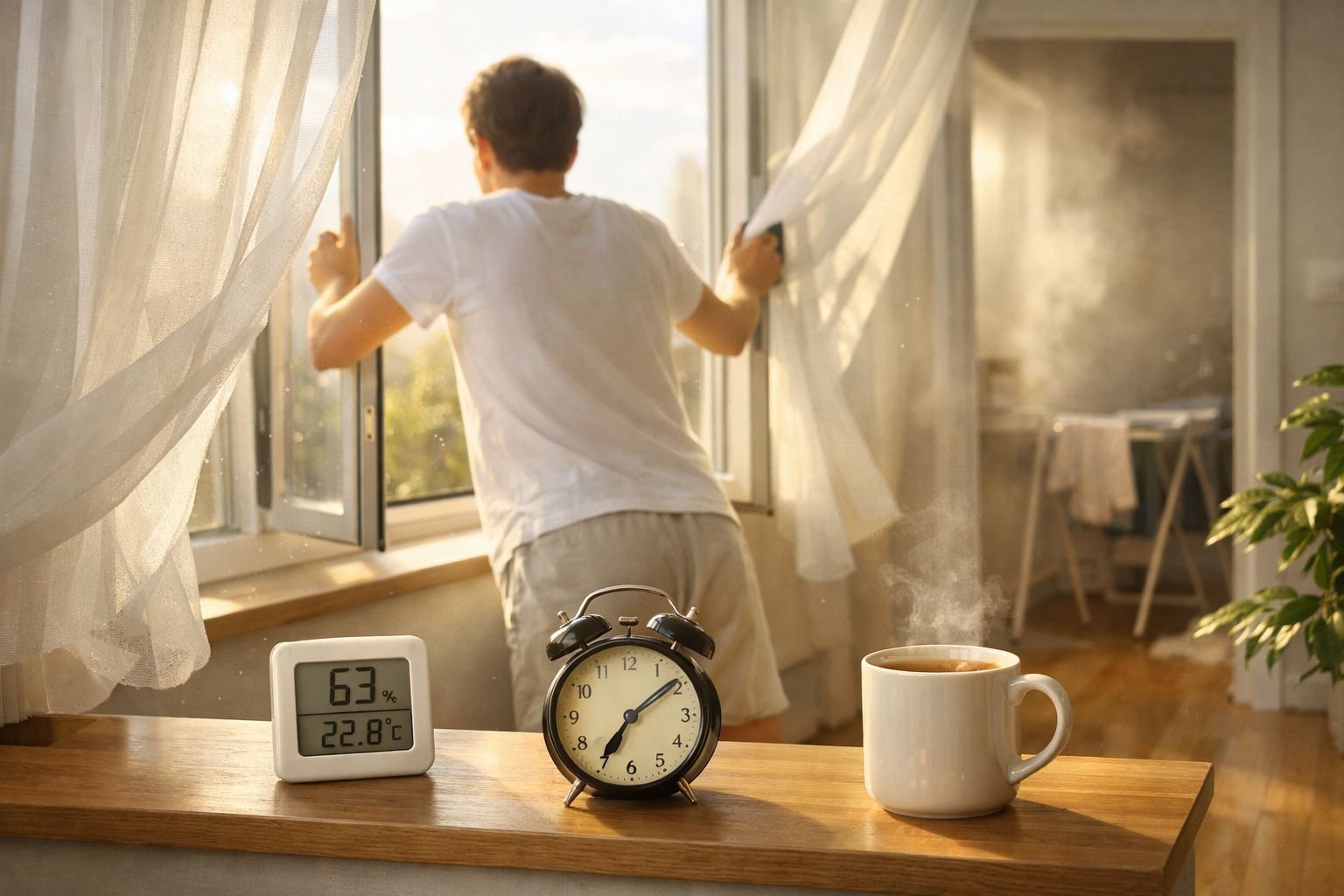 Homem abre janela num quarto de manhã com um relógio, um termómetro e uma chávena fumegante na mesa.