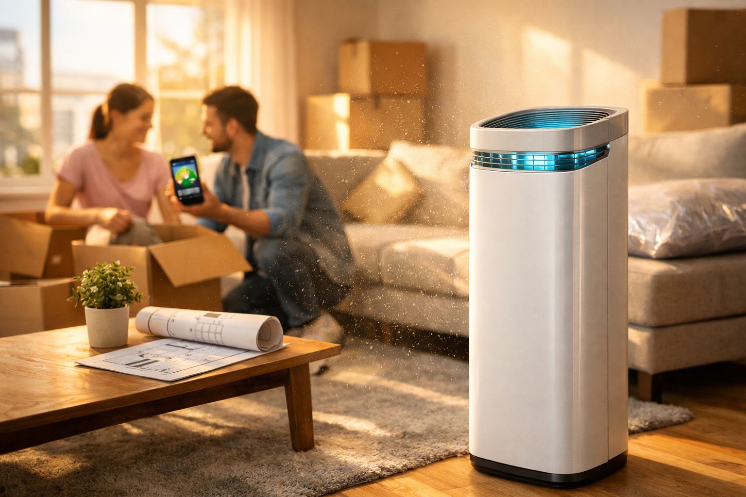 Purificador de ar moderno ligado numa sala com casal ao fundo a desembrulhar caixas.
