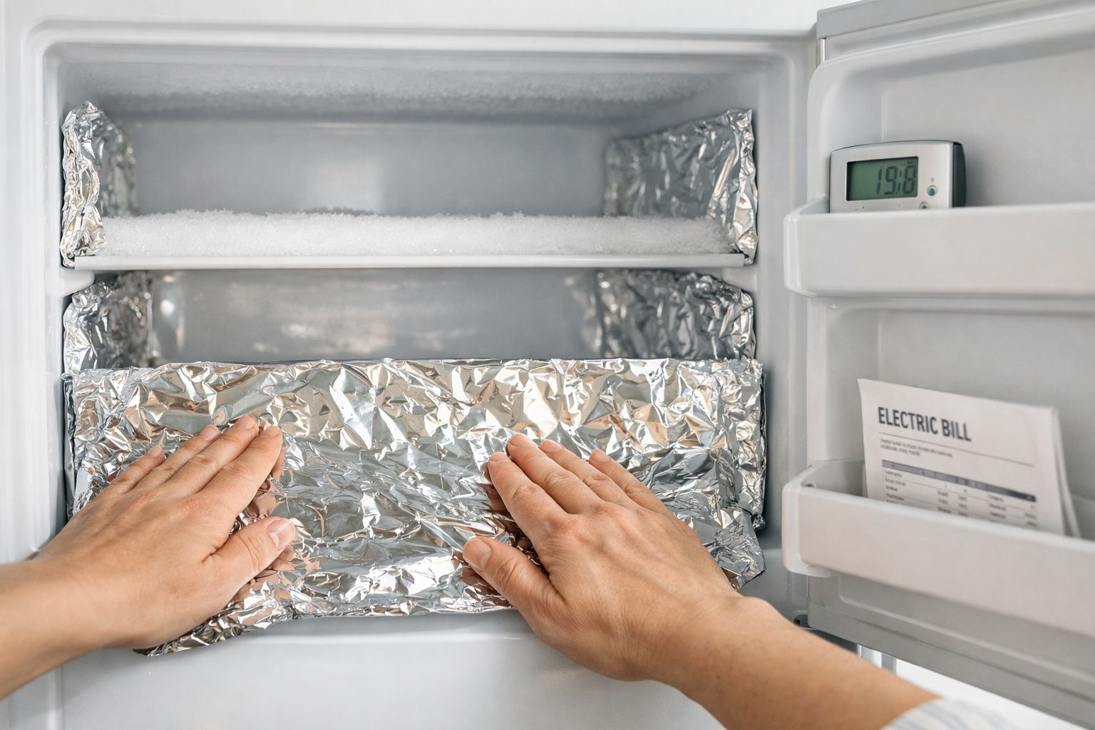 Mãos a colocar ou retirar alimentos embrulhados em papel de alumínio dentro de um congelador doméstico.