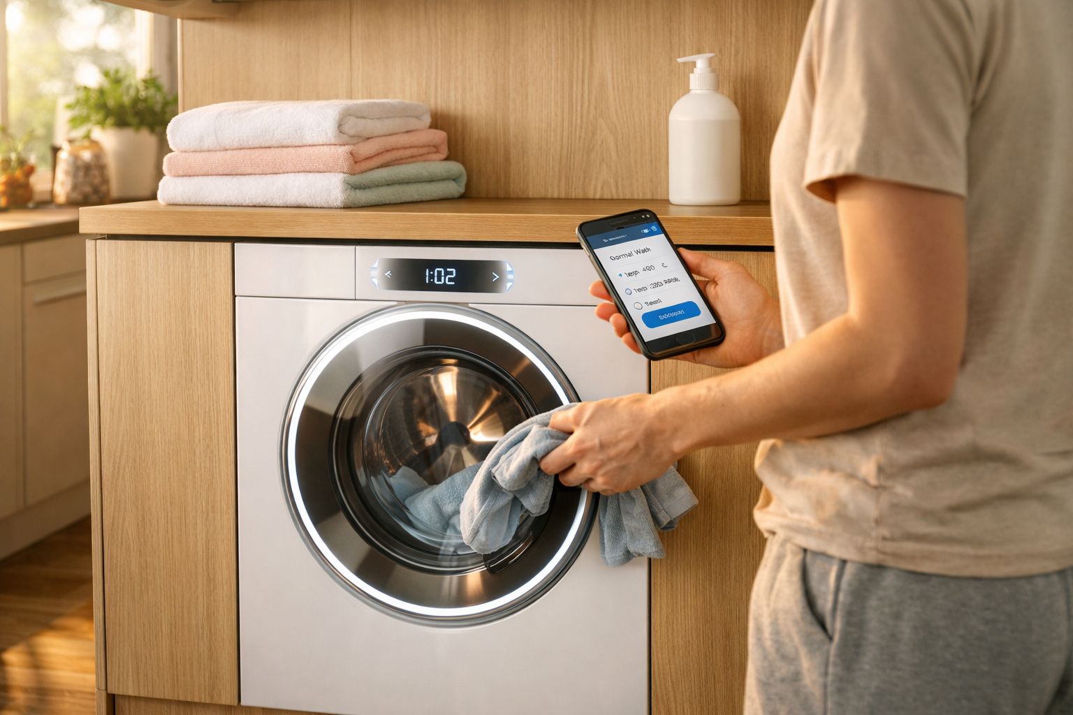 Pessoa a usar smartphone para controlar máquina de lavar roupa branca numa lavandaria moderna.