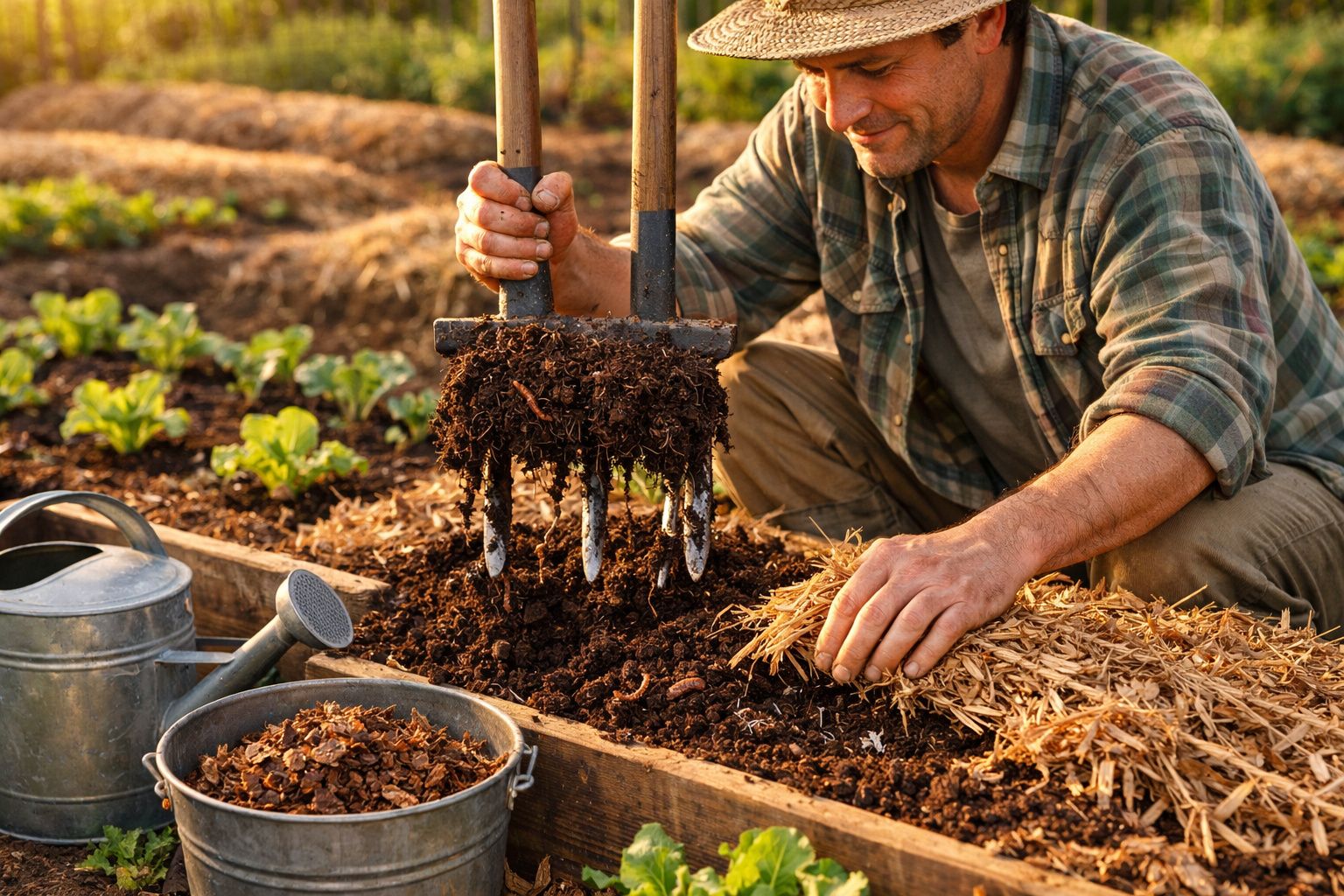Homem a preparar solo com forquilha e a cobrir com palha num canteiro de cultivo ao ar livre.