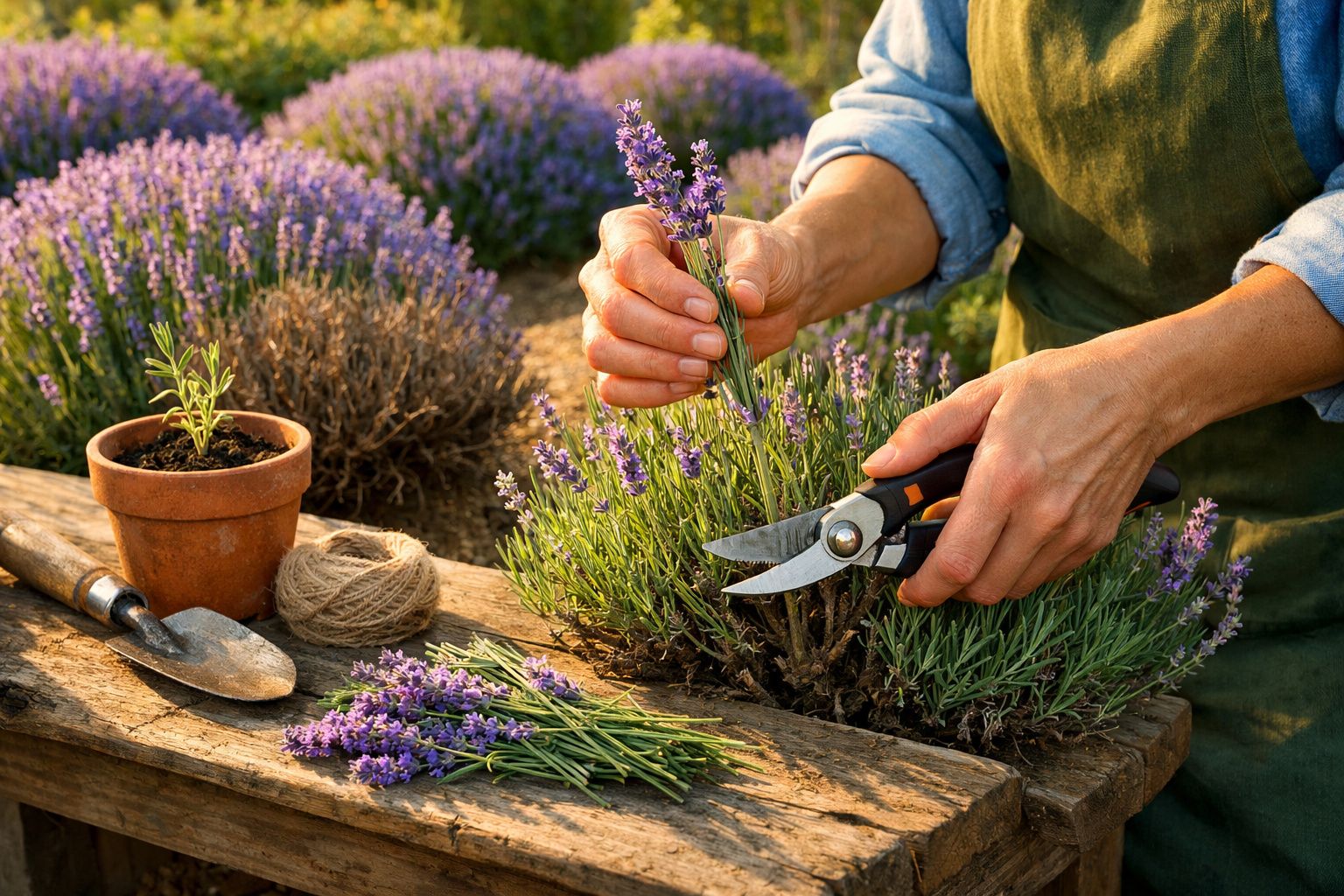 Pessoa a cortar flores de lavanda com tesoura de poda num campo, com ferramentas de jardinagem numa mesa de madeira.