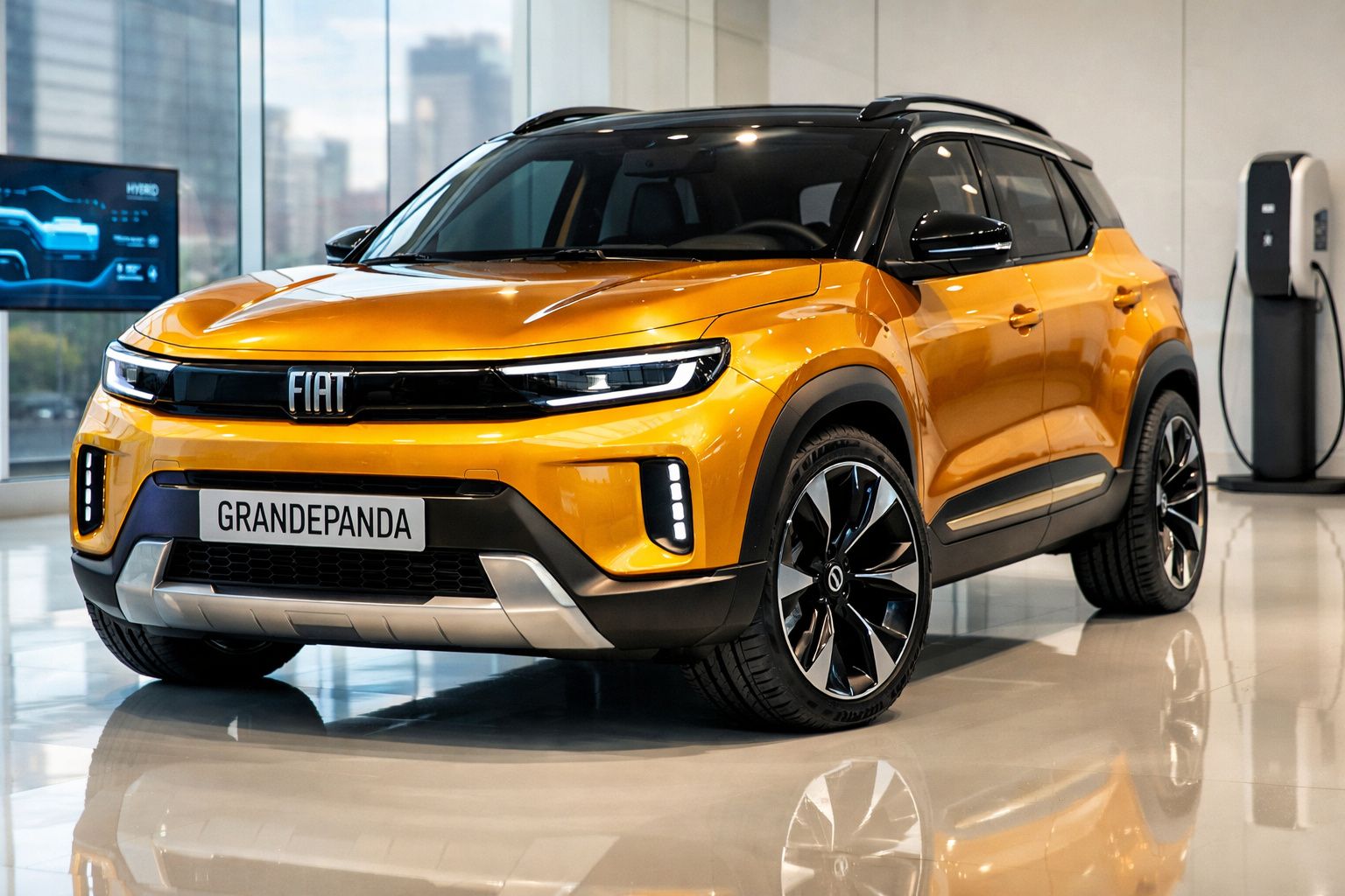 SUV Fiat Grande Panda amarelo brilhante estacionado num showroom moderno.