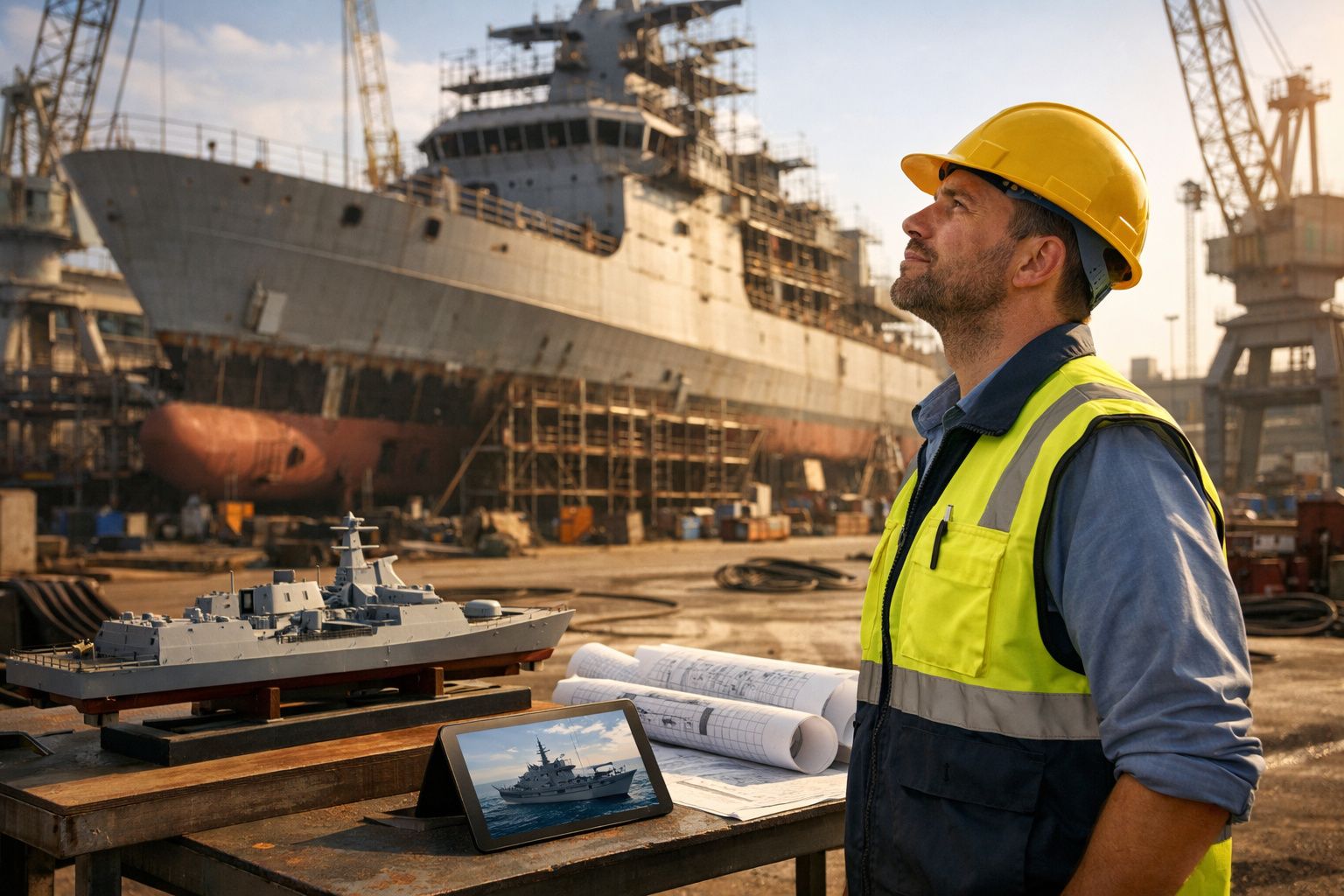 Engenheiro naval com capacete e colete refletor observa um navio em construção no estaleiro.