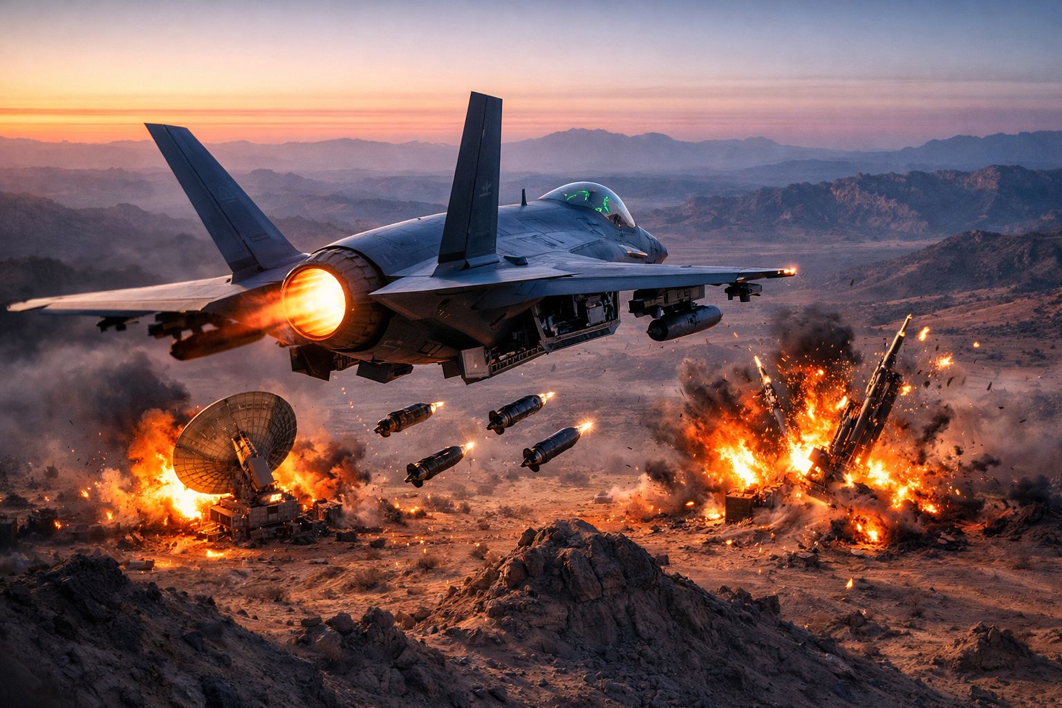 Caça militar em voo a lançar bombas sobre instalações terrestres em explosões ao pôr do sol.