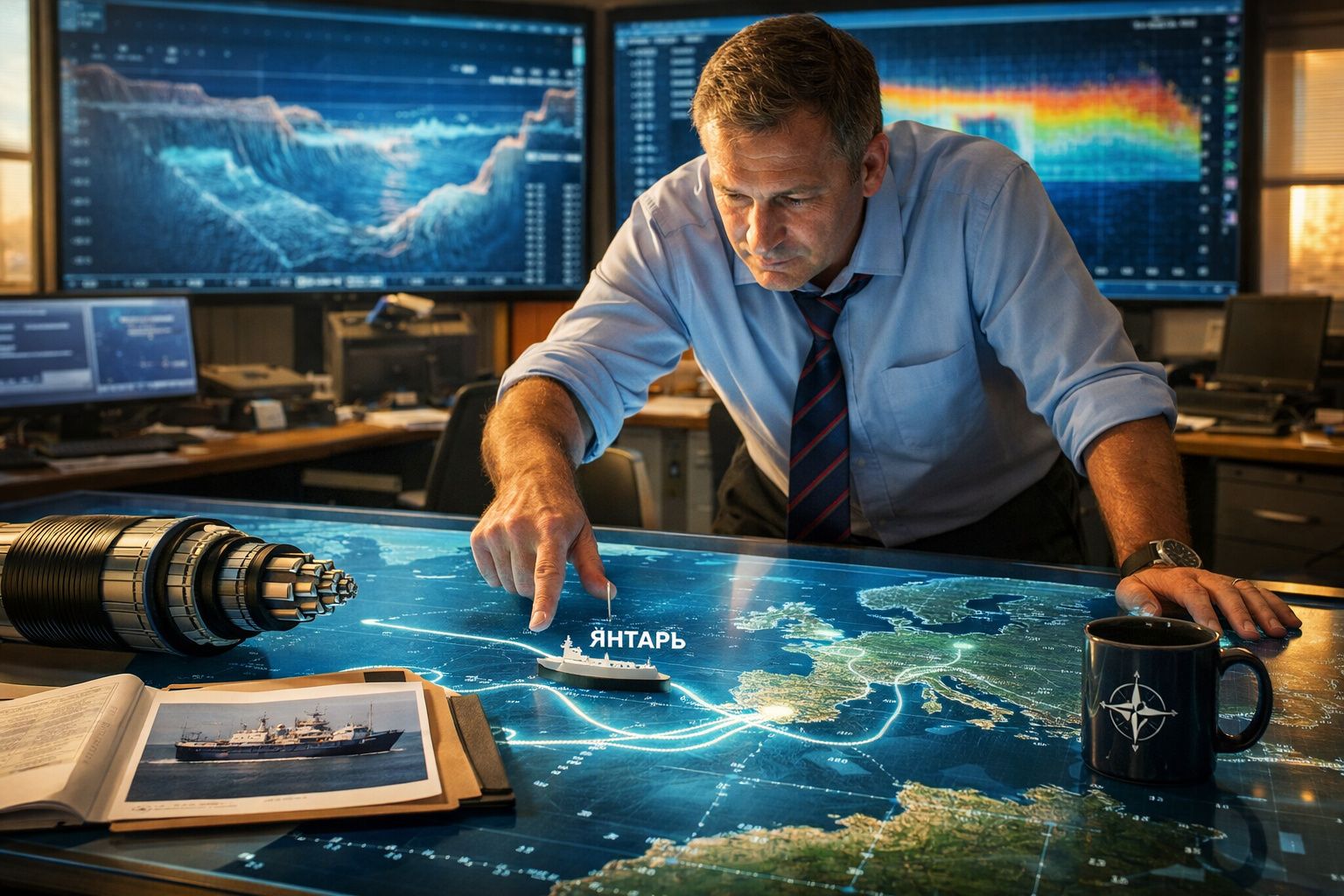 Homem a analisar rota marítima num mapa digital interativo com ecrãs de dados geográficos ao fundo.