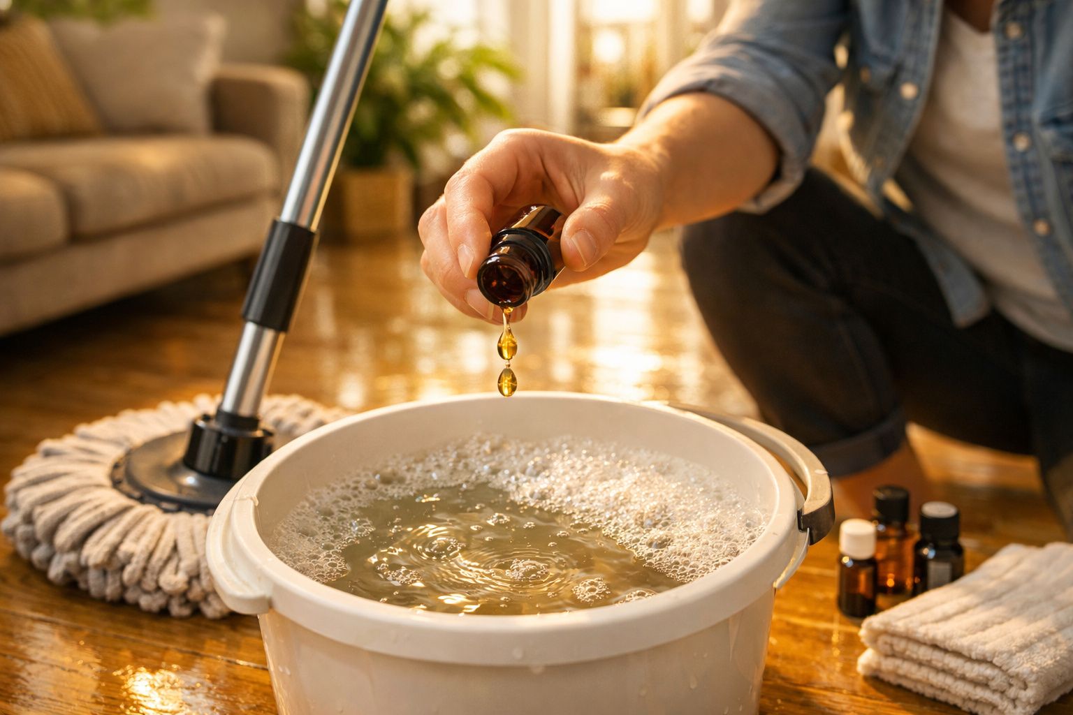 Pessoa a colocar gotas de óleo essencial num balde com água para limpar o chão de madeira.