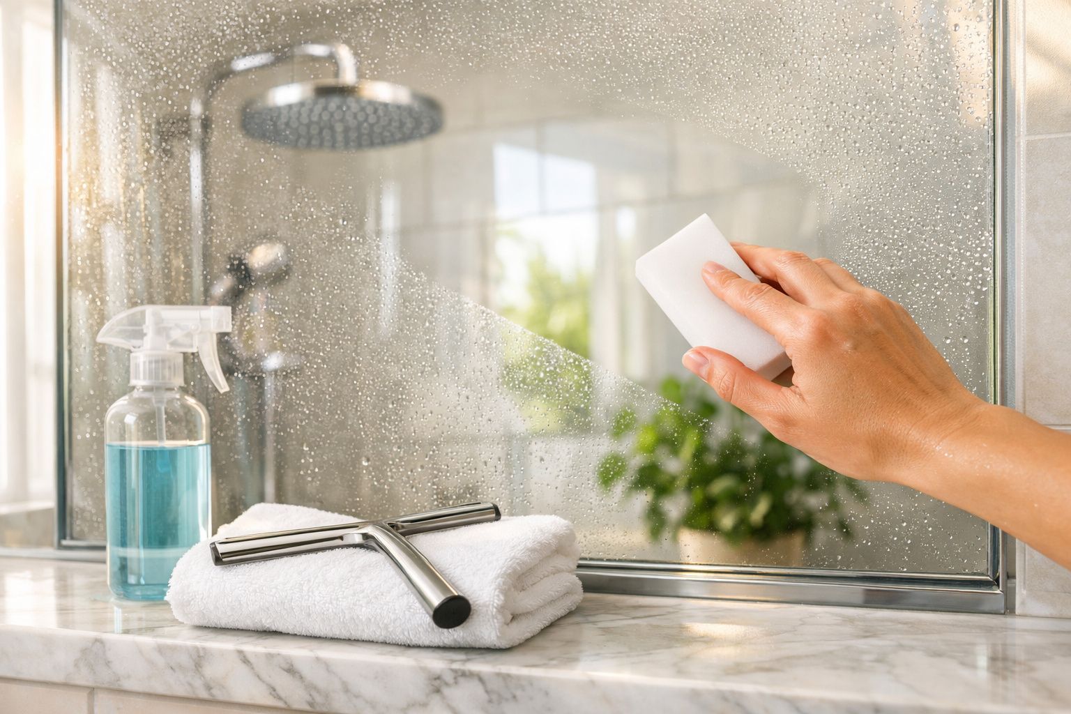 Mão a limpar a porta de vidro do chuveiro com esponja, ao lado de toalha, squeegee e spray de limpeza.