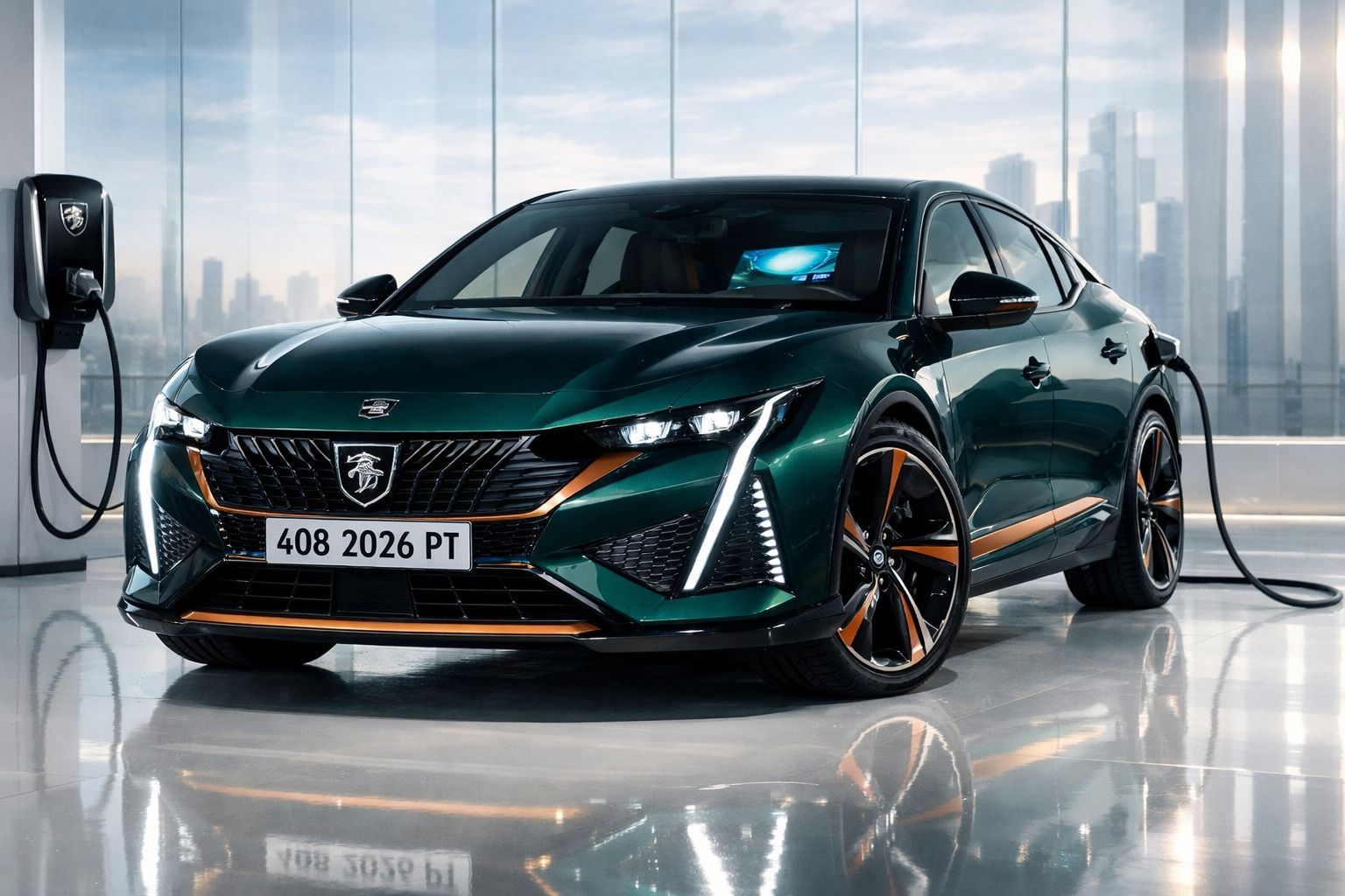 Automóvel elétrico verde escuro a ser carregado numa estação, com design moderno e detalhes laranja.