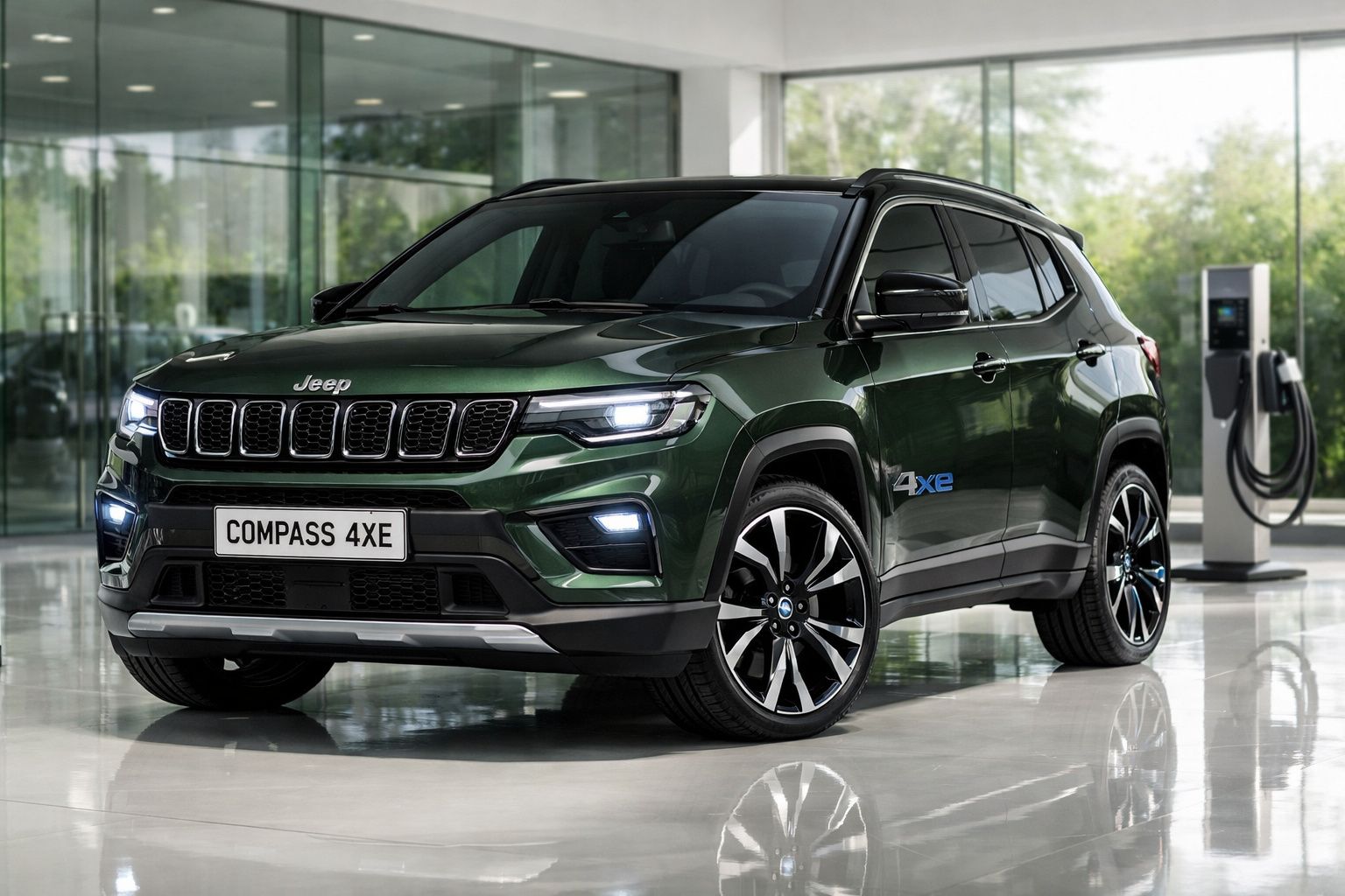 Jeep Compass 4xe verde estacionado em showroom com carregador elétrico ao fundo.