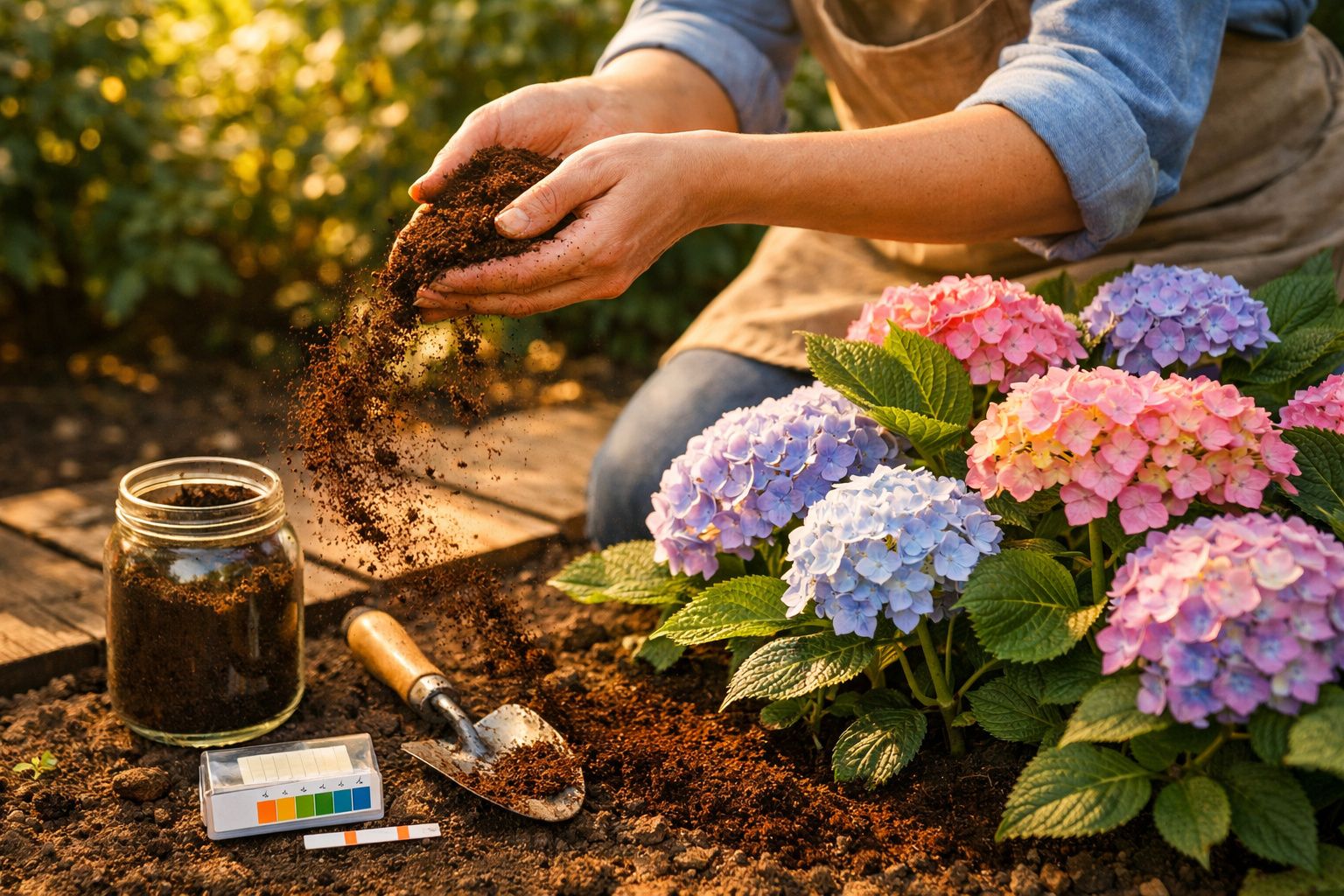 Mãos a trabalhar com terra perto de flores coloridas e ferramentas de jardinagem num jardim ao ar livre.